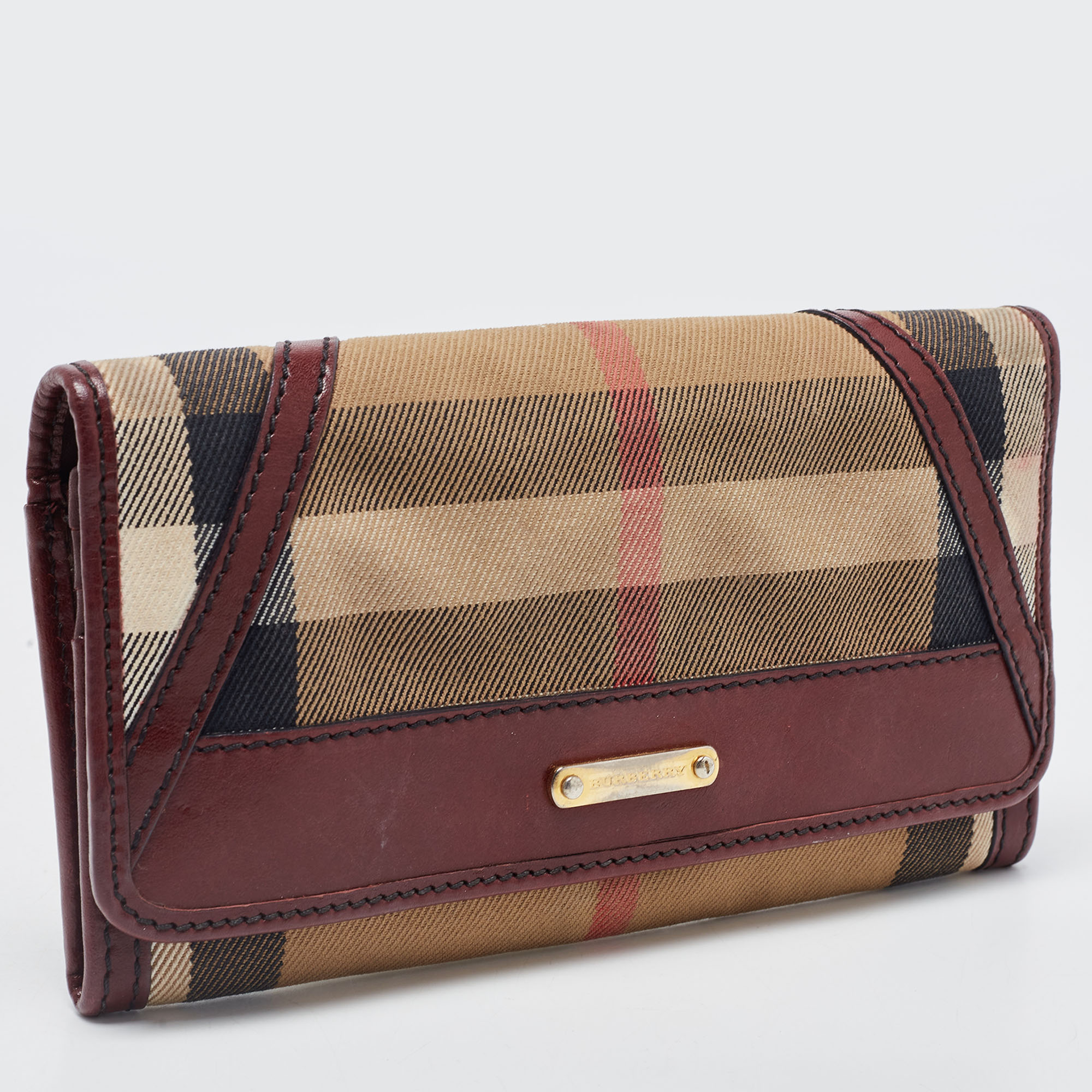 Burberry Burgundy/Cream House Check Canvas And Leather Flap Continental Wallet