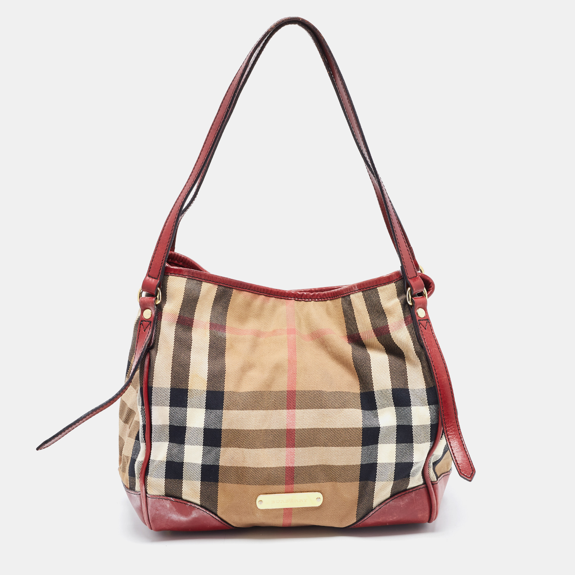 Burberry Dark Red/Beige House Check Canvas And Leather Small Canterbury Tote