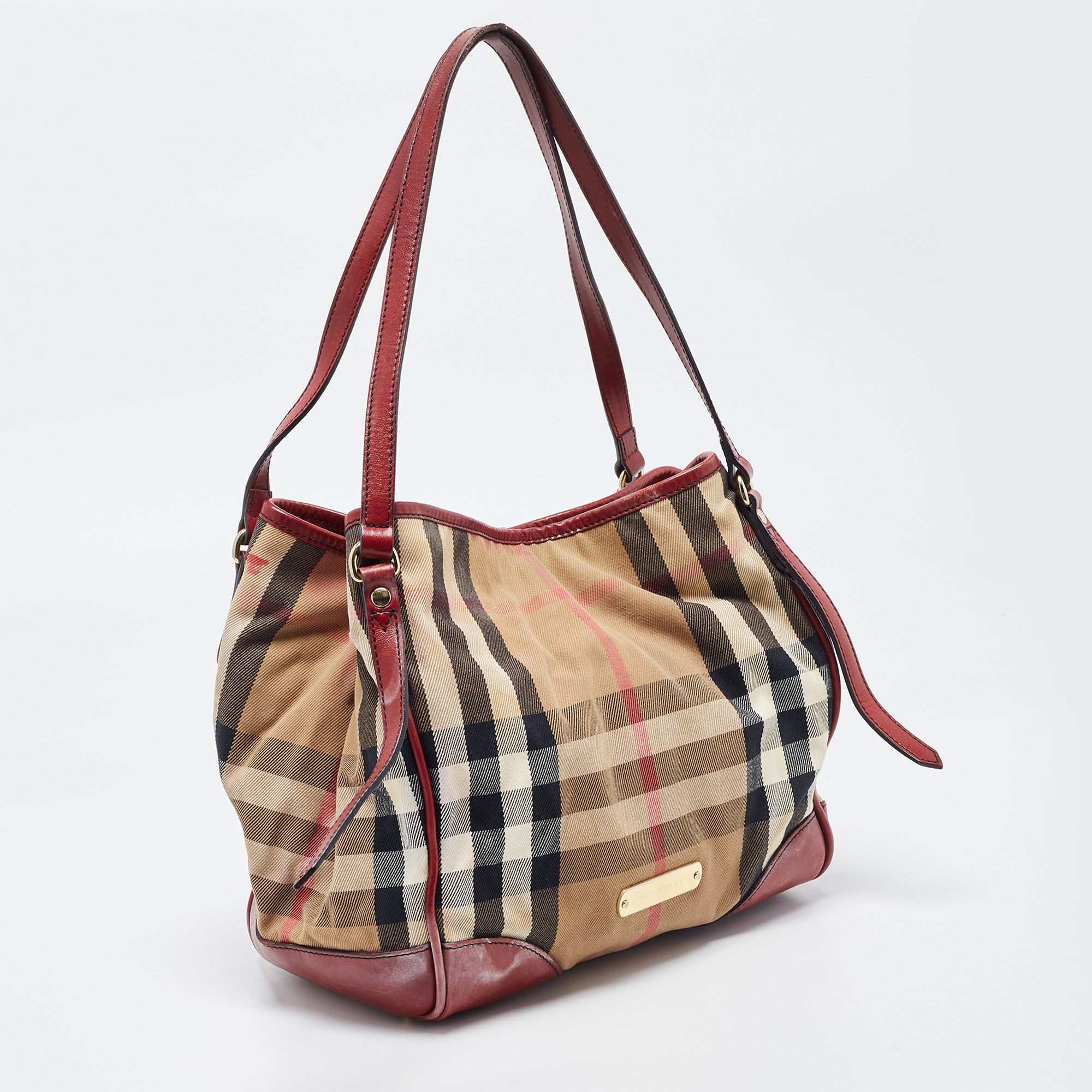 Burberry Dark Red/Beige House Check Canvas And Leather Small Canterbury Tote