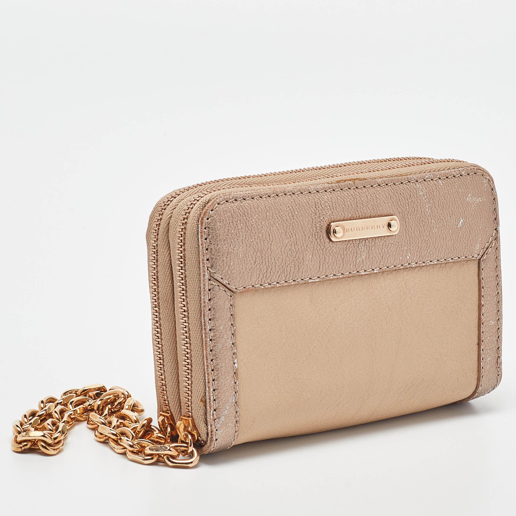 Burberry Beige/Gold Leather Double Zip Chain Wallet