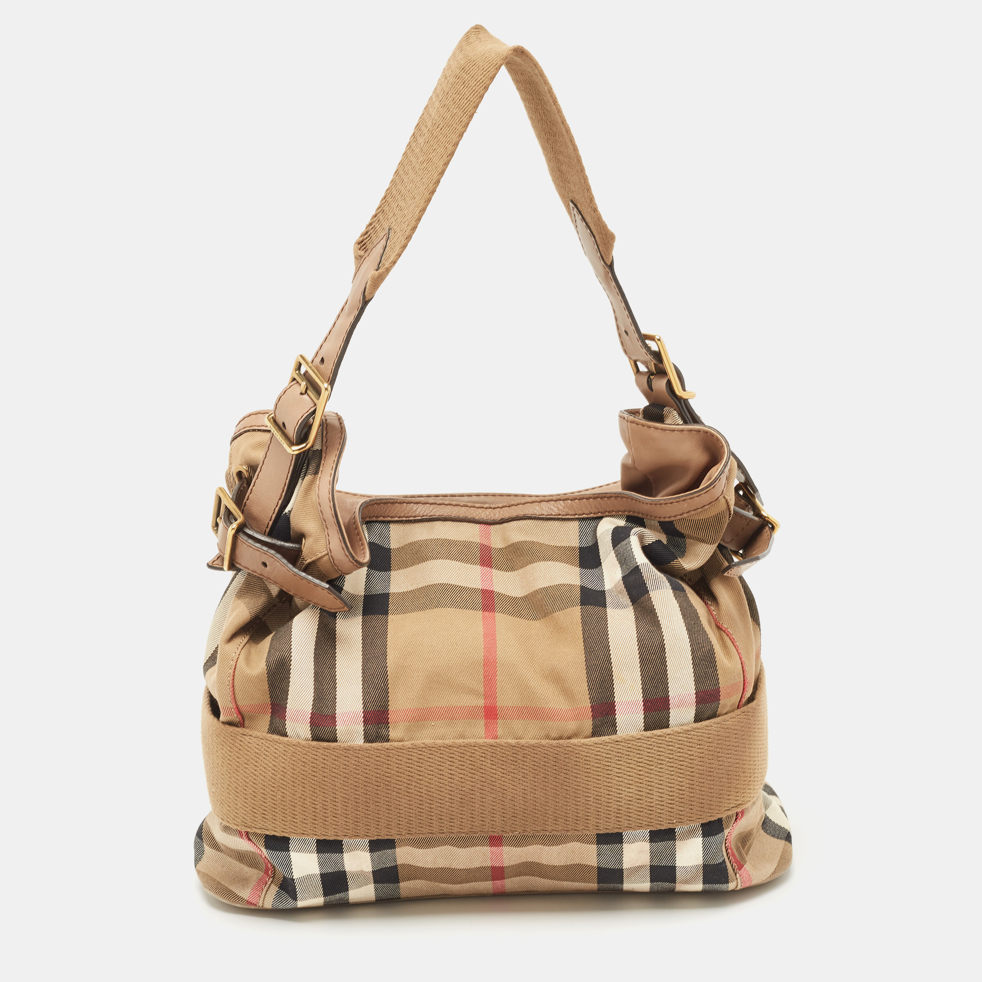 Burberry Beige House Check Canvas And Leather Brecon Hobo
