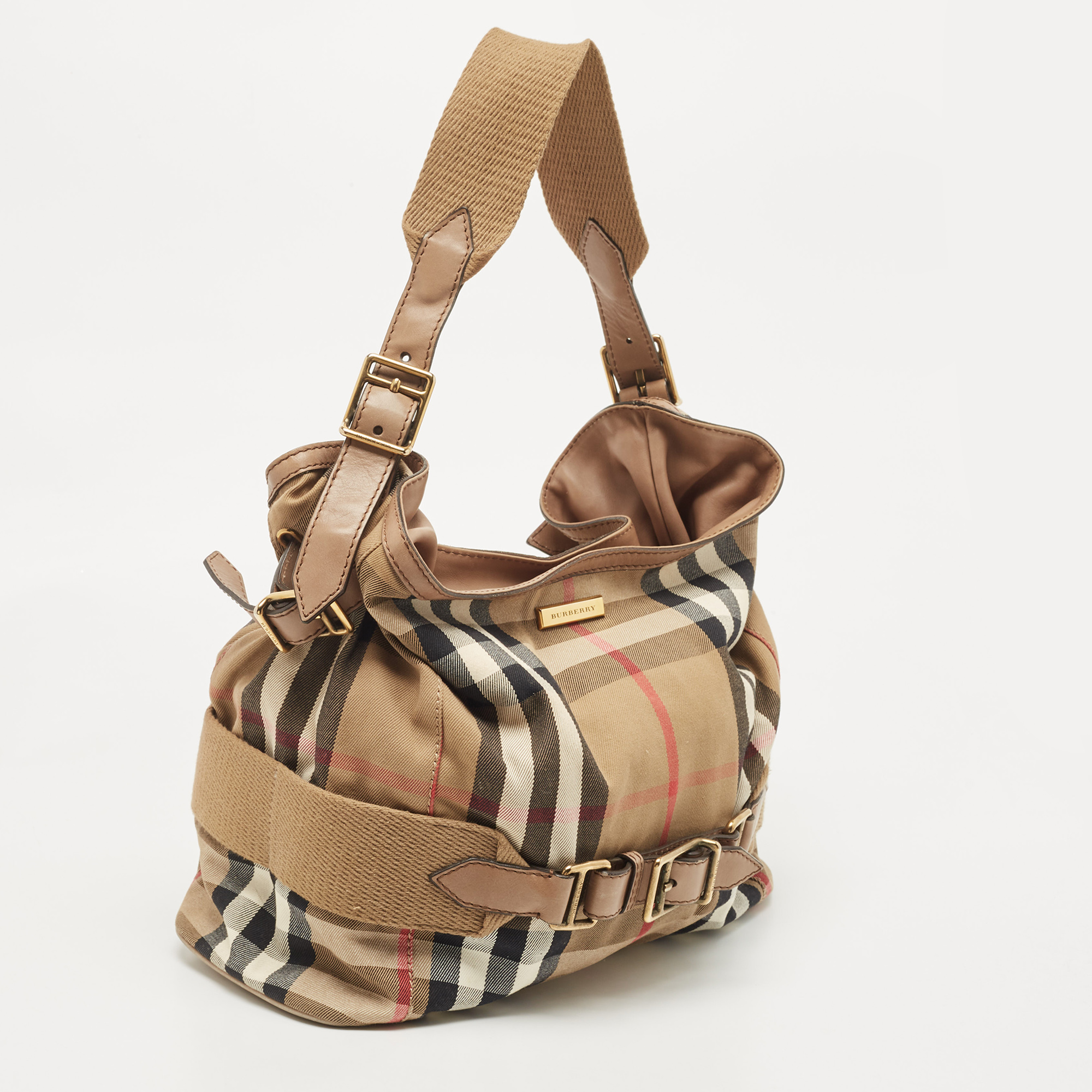 Burberry Beige House Check Canvas And Leather Brecon Hobo