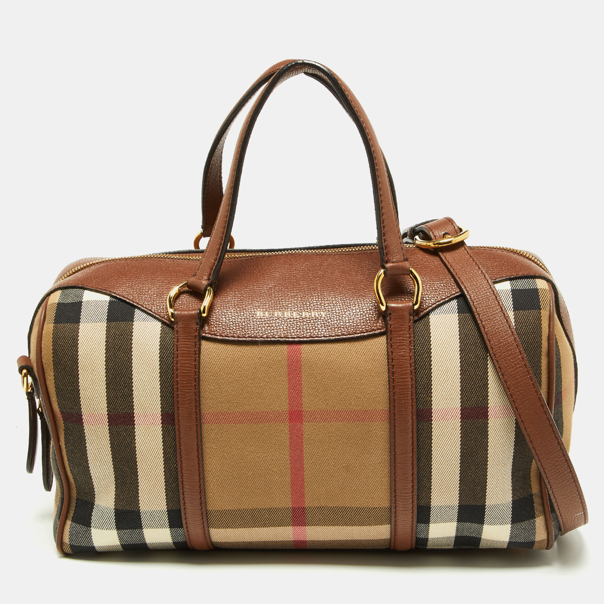 Burberry Brown House Check Canvas And Leather Medium Alchester Bowler Bag