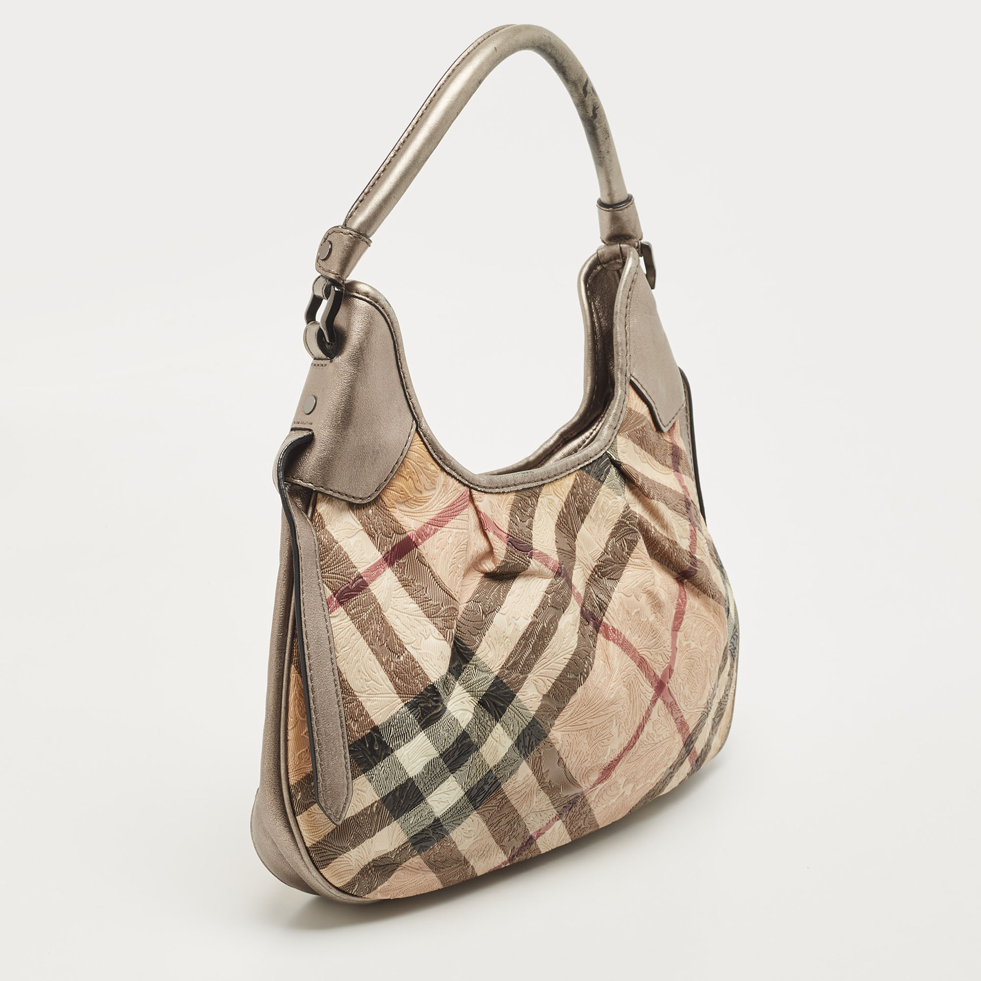 Burberry Silver/Beige Floral Embossed Supernova Check PVC And Leather Small Brooklyn Hobo