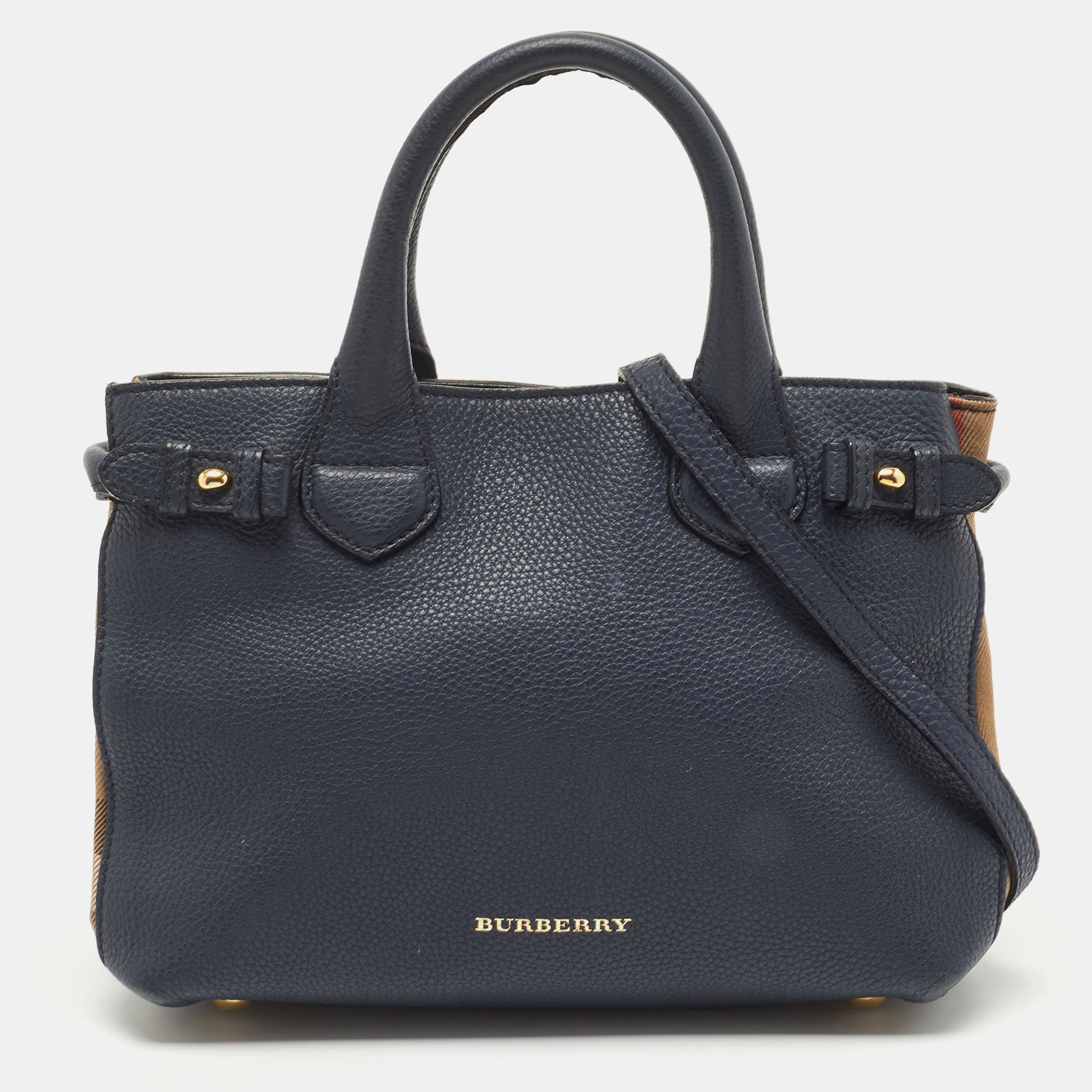 Burberry Navy Blue/Beige House Check Fabric And Leather Small Banner Tote