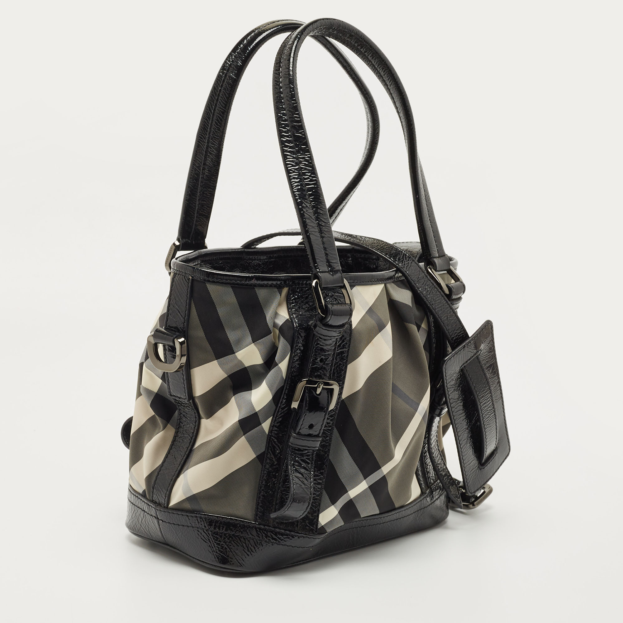 Burberry Black/Grey Beat Check Nylon And Patent Leather Lowry Tote