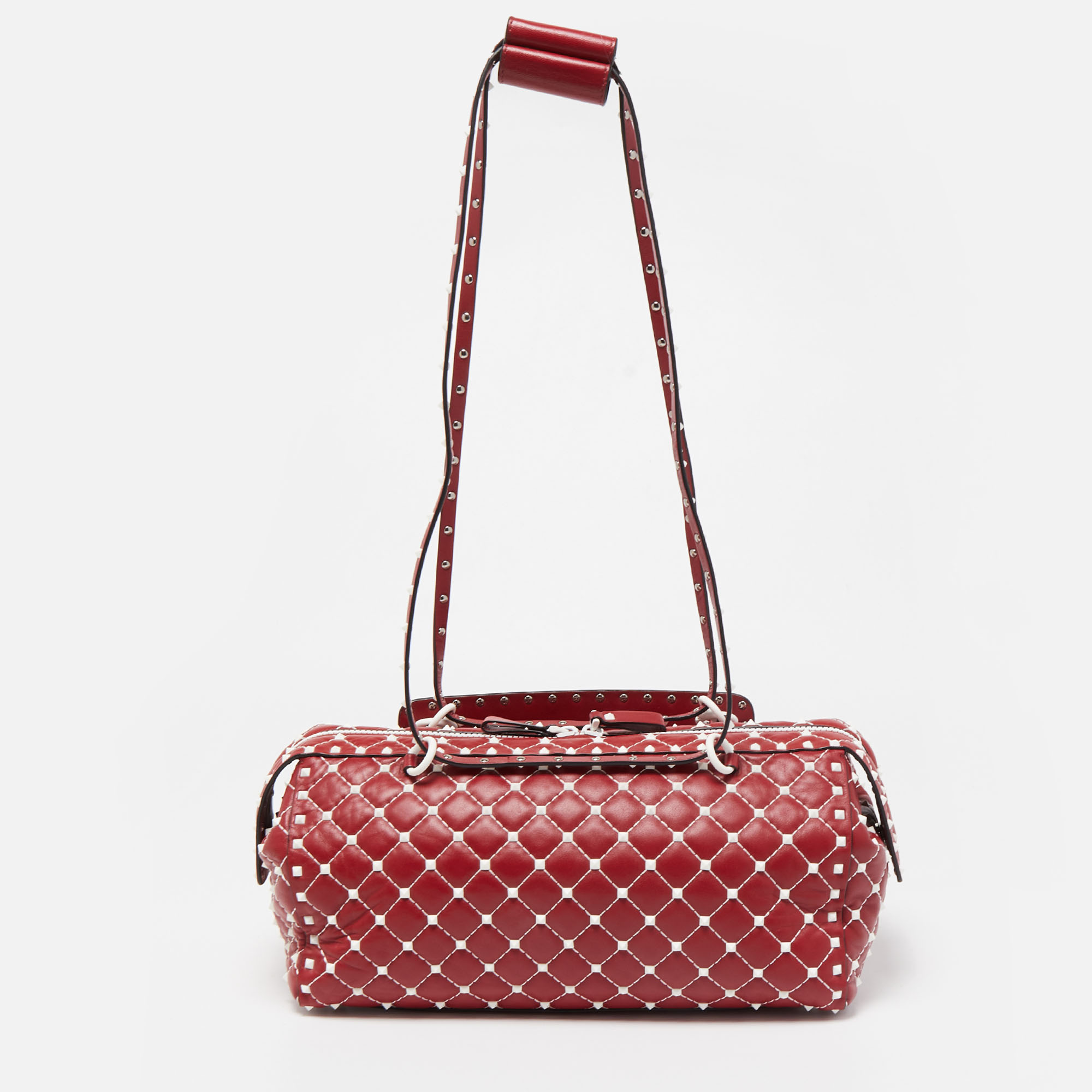 Valentino Red Leather Rockstud Spike Duffel Bag