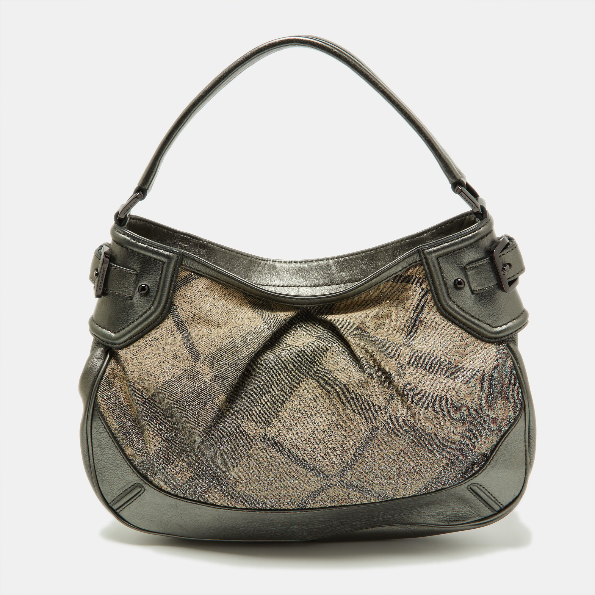 Burberry Metallic Grey Beat Check Canvas And Leather Hobo