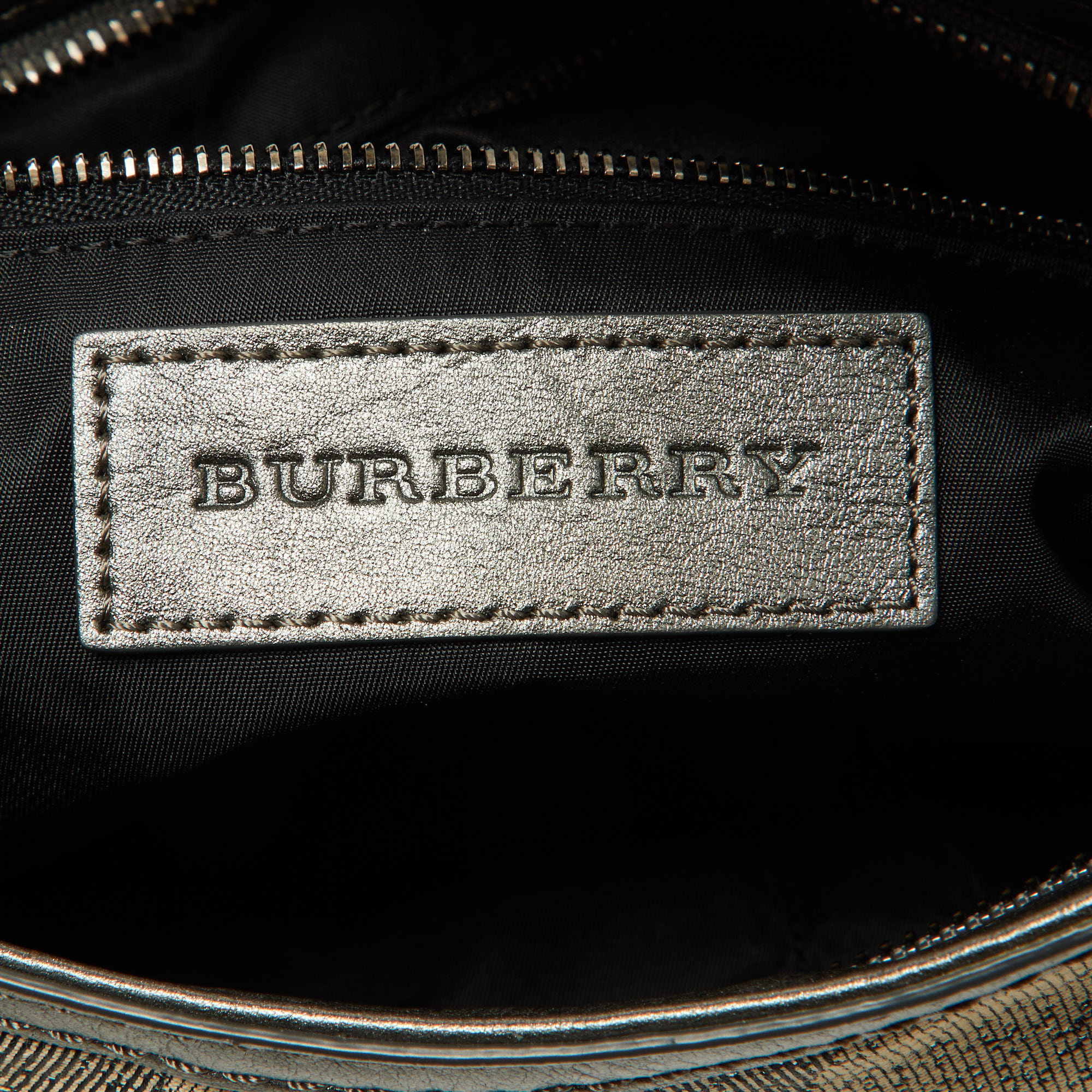 Burberry Metallic Grey Beat Check Canvas And Leather Hobo
