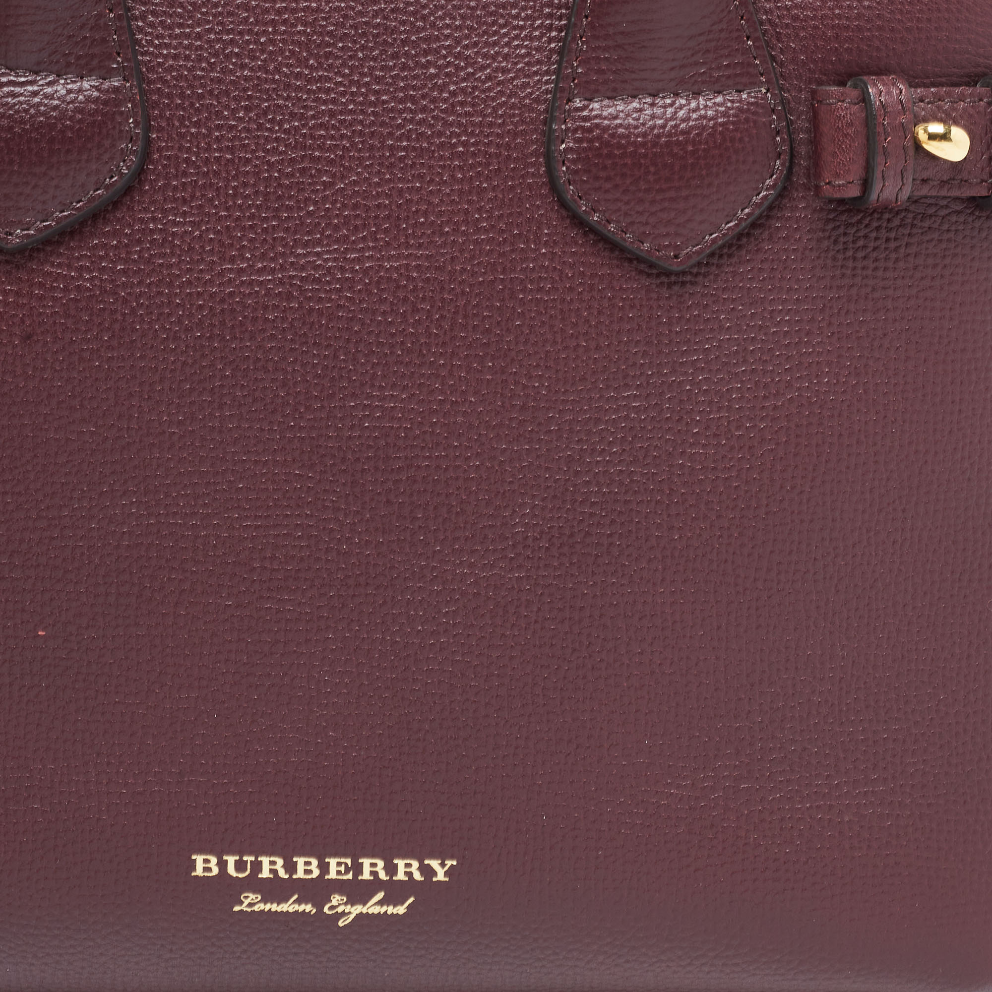Burberry Burgundy/Beige Leather And House Check Fabric Small Banner Tote