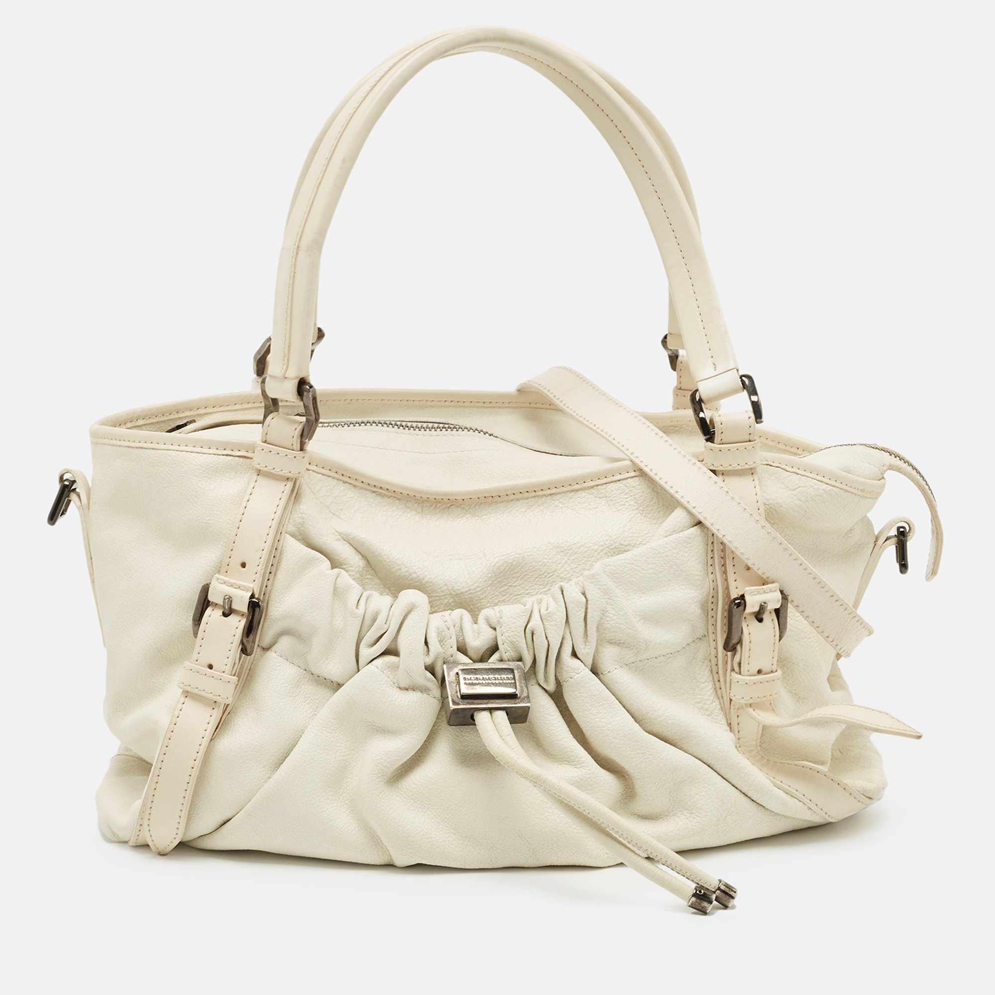 Burberry Off White Leather Drawstring Tote
