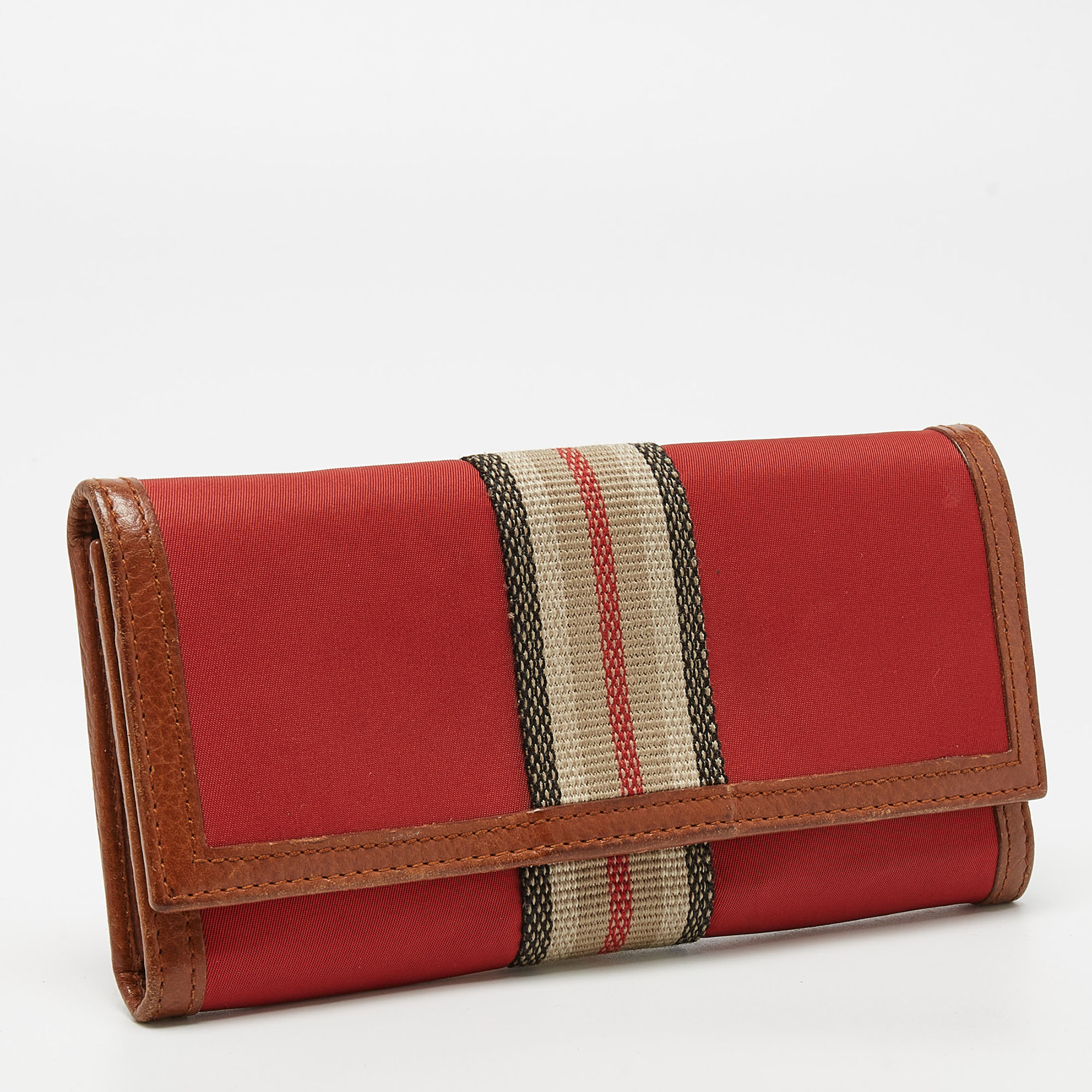 Burberry Red/Brown Nylon And Leather Stripe Flap Continental Wallet
