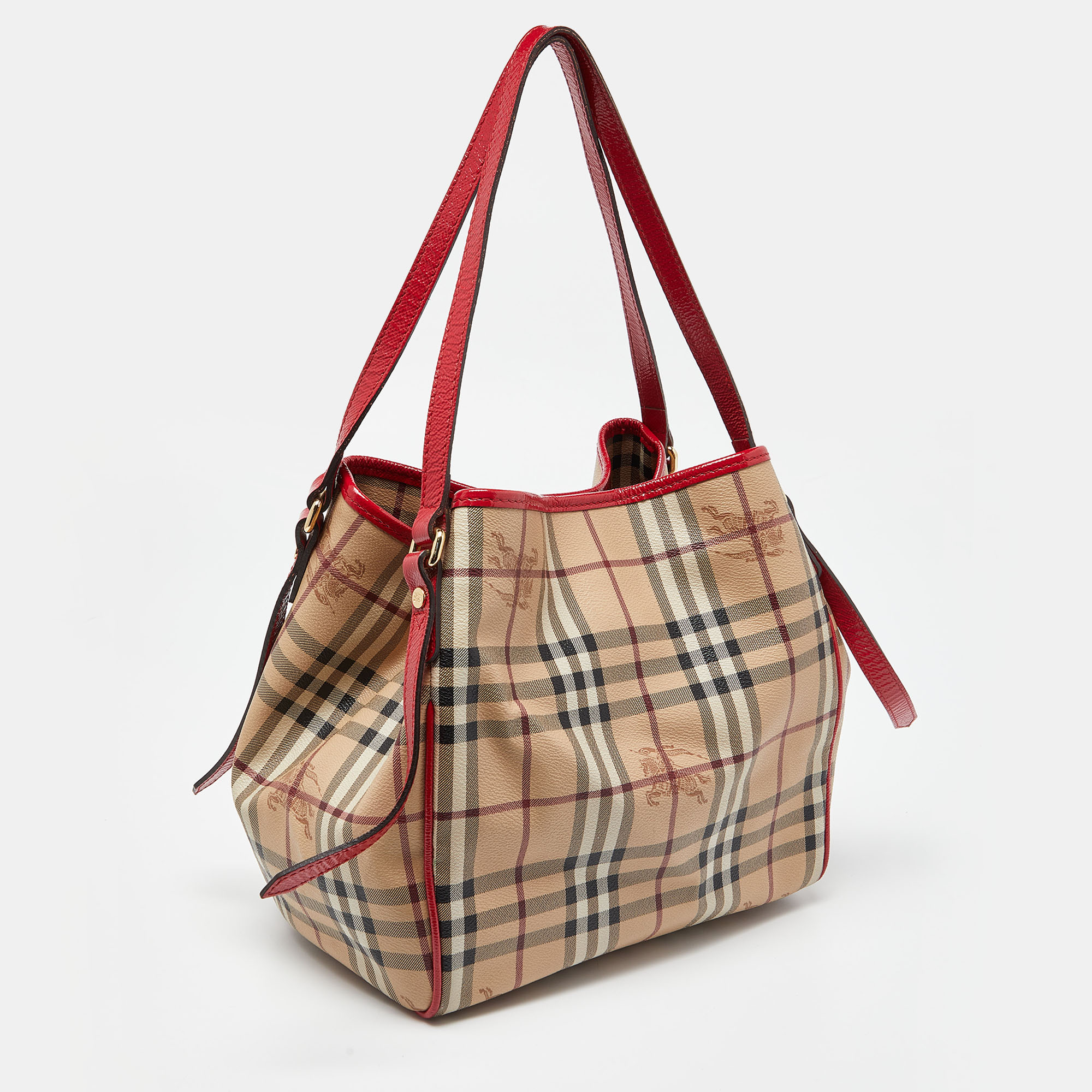 Burberry Beige/Red Haymarket Check PVC And Patent Leather Small Canterbury Tote