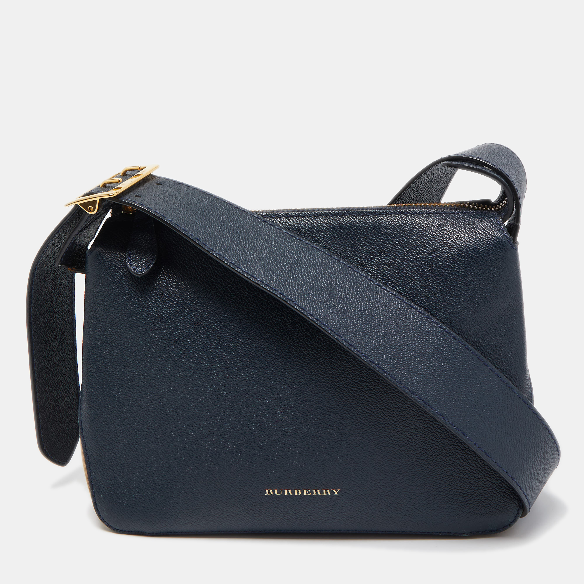 Burberry Dark Blue/Beige House Check Canvas And Leather Small Helmsley Crossbody Bag