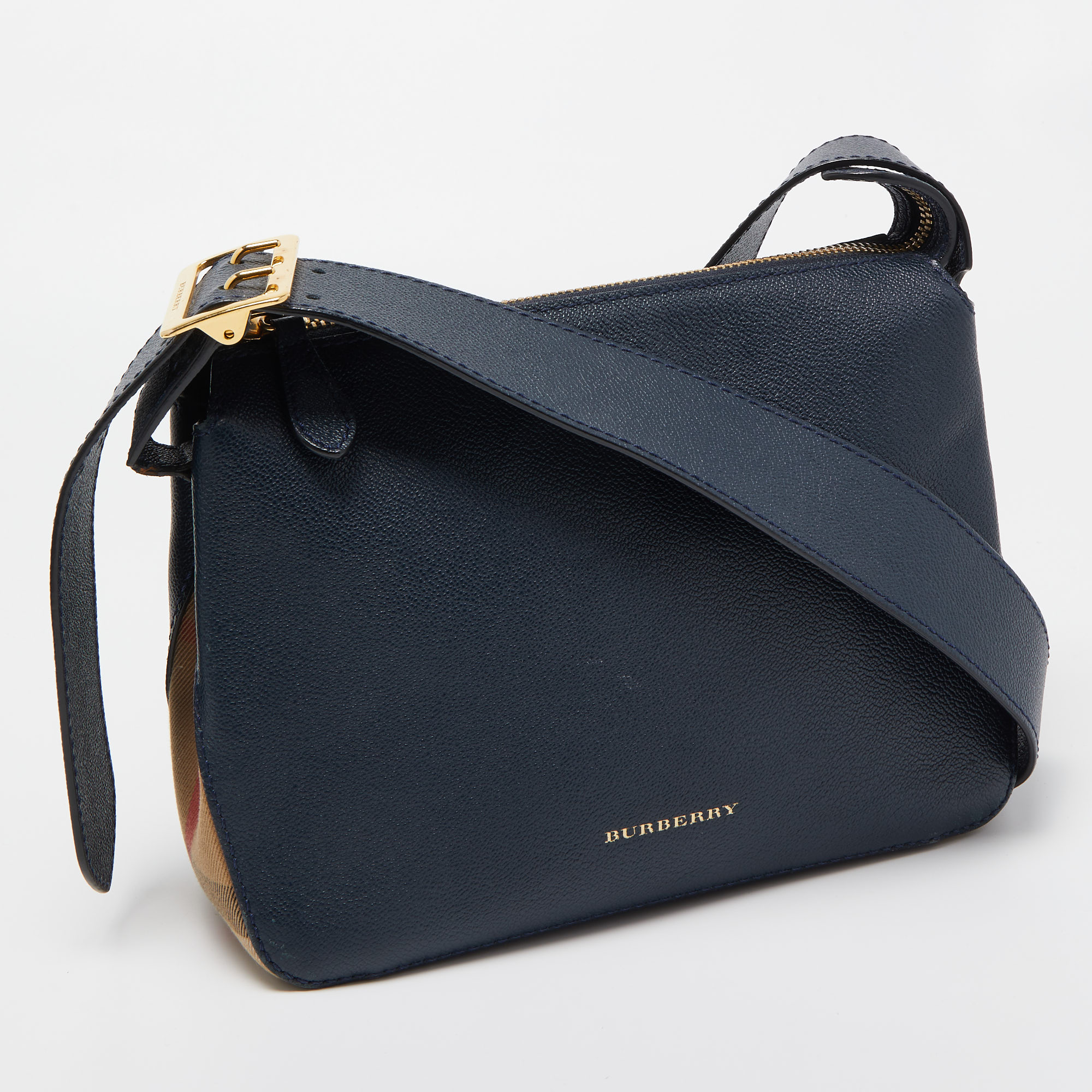 Burberry Dark Blue/Beige House Check Canvas And Leather Small Helmsley Crossbody Bag