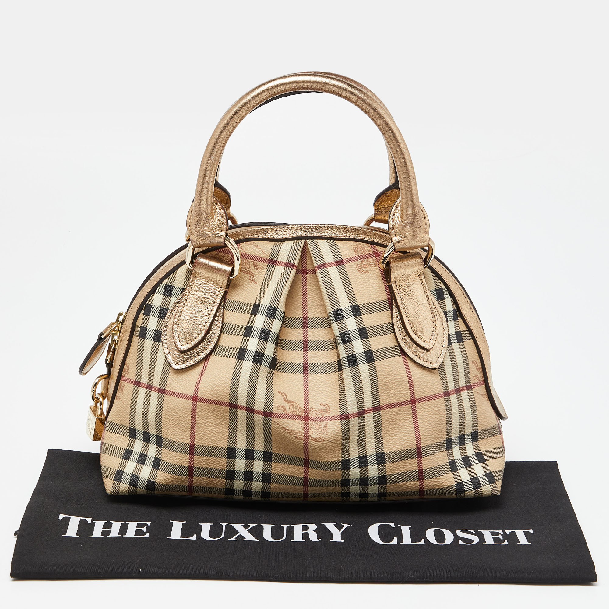 Burberry Gold/Beige Haymarket Check PVC And Leather Thornley Satchel