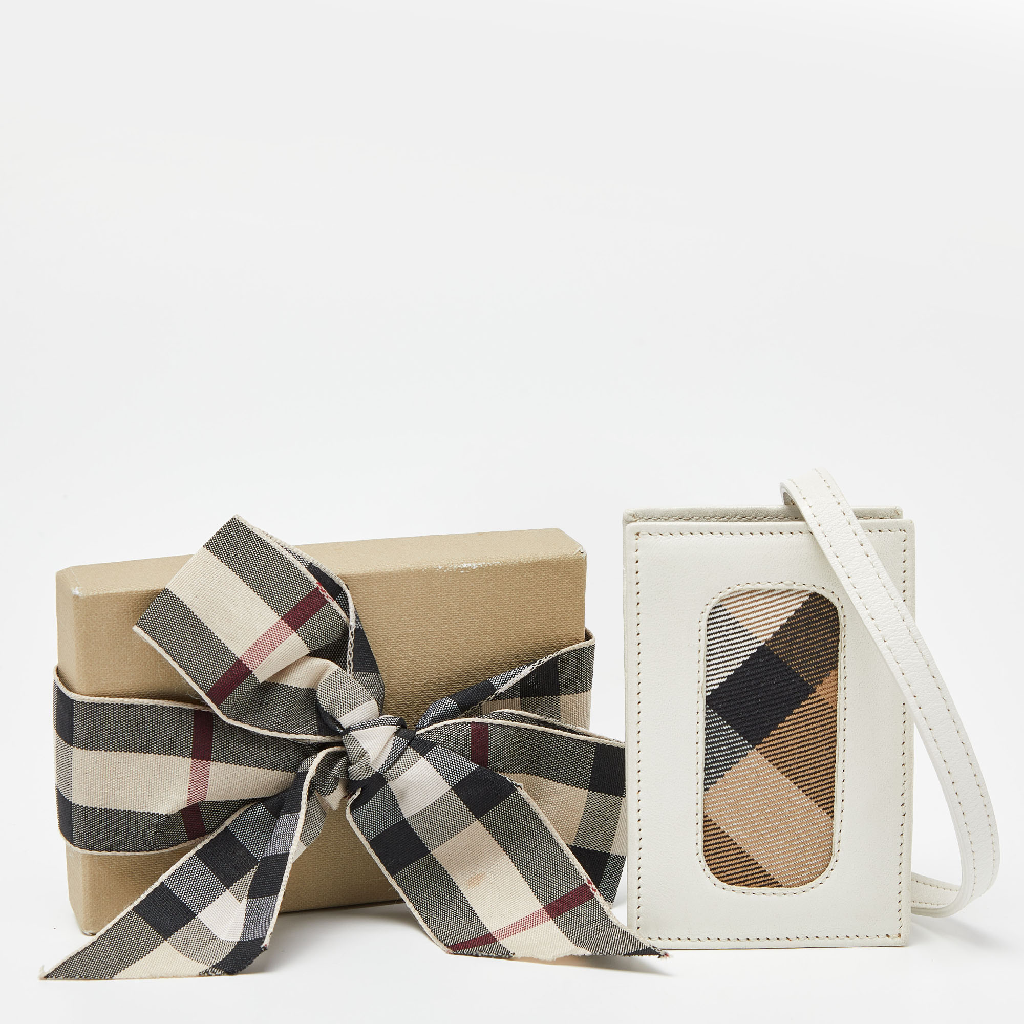 Burberry White Leather And Check Canvas Card Holder With Strap