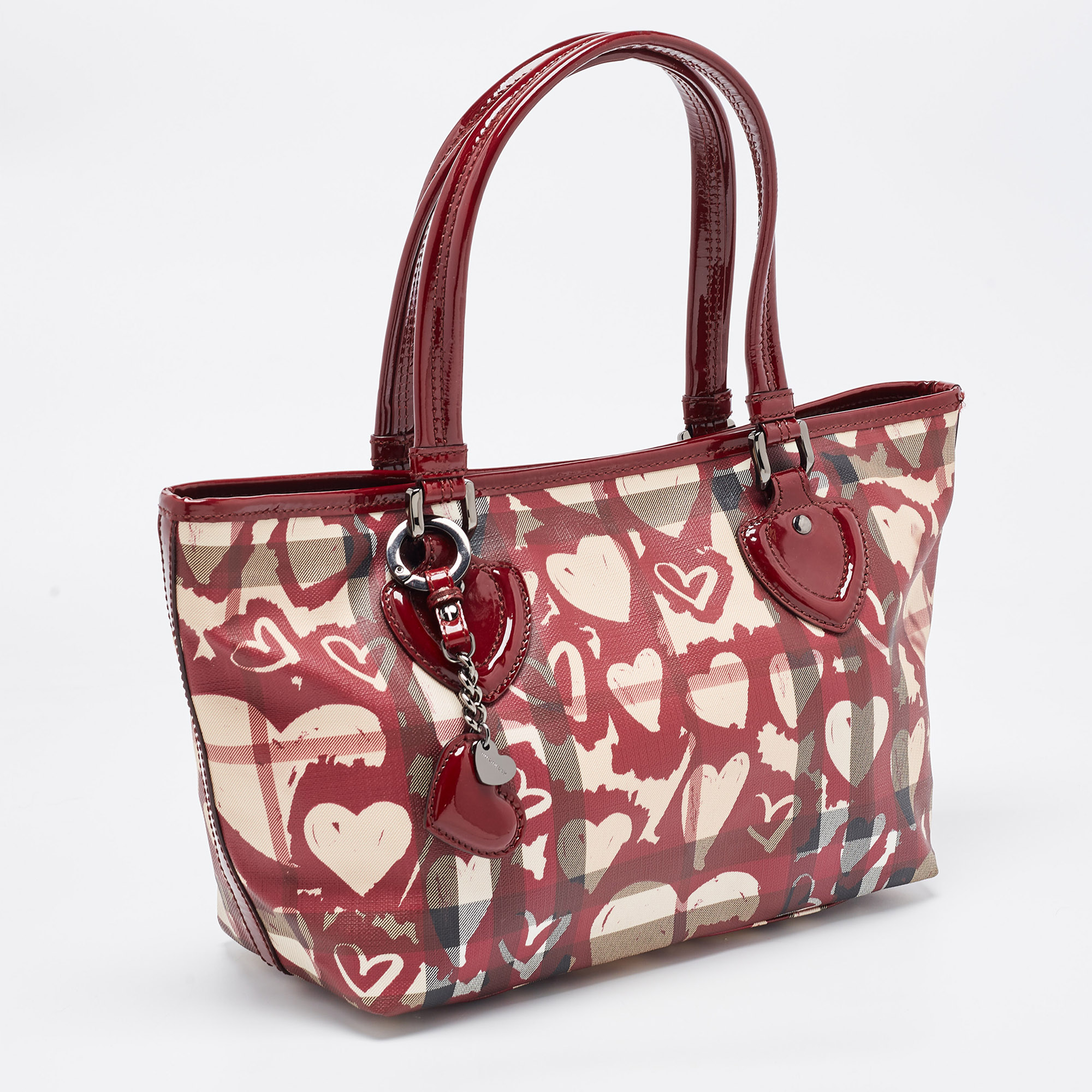 Burberry Burgundy Nova Heart Check Coated Canvas And Patent Leather Gracie Tote