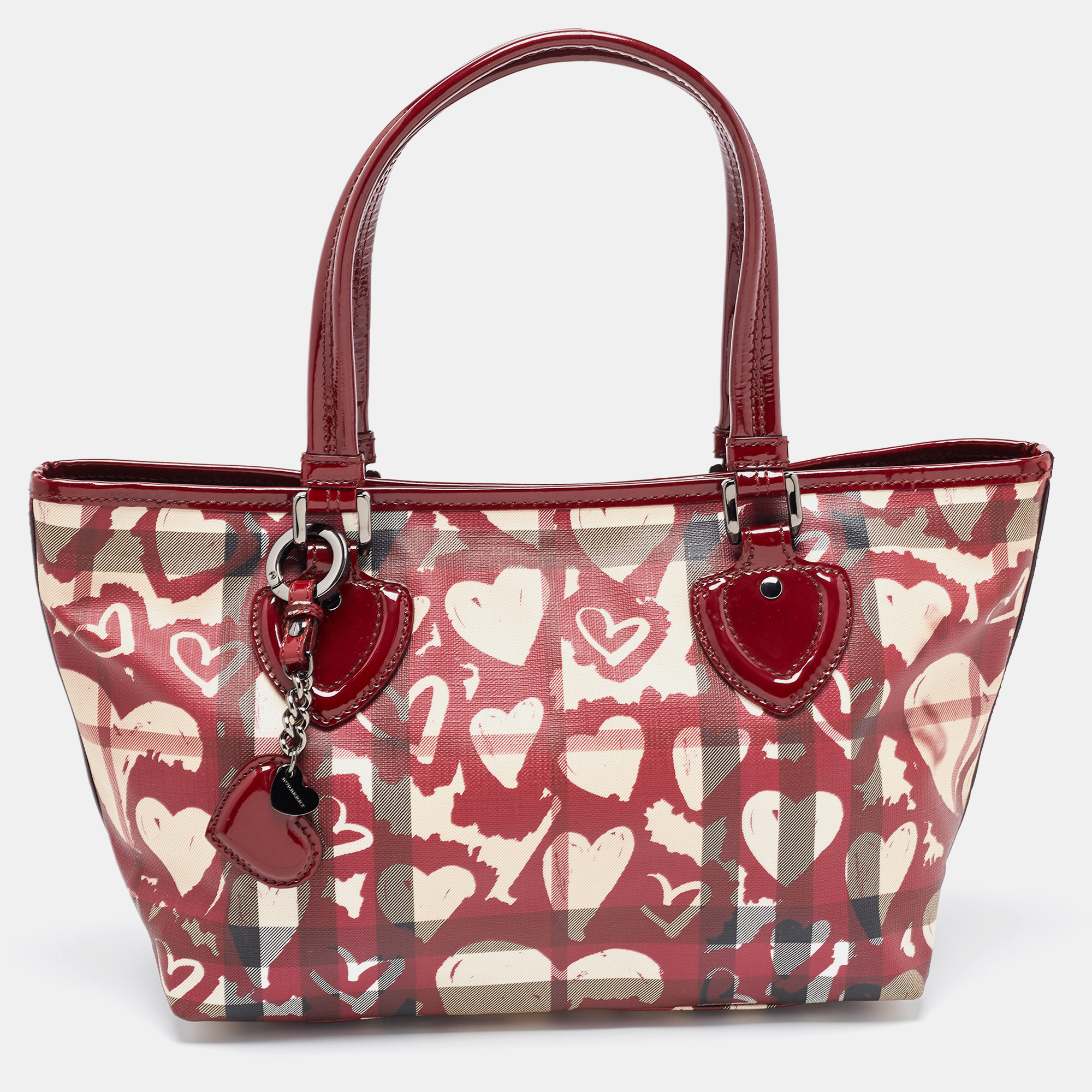 Burberry Burgundy Nova Heart Check Coated Canvas And Patent Leather Gracie Tote