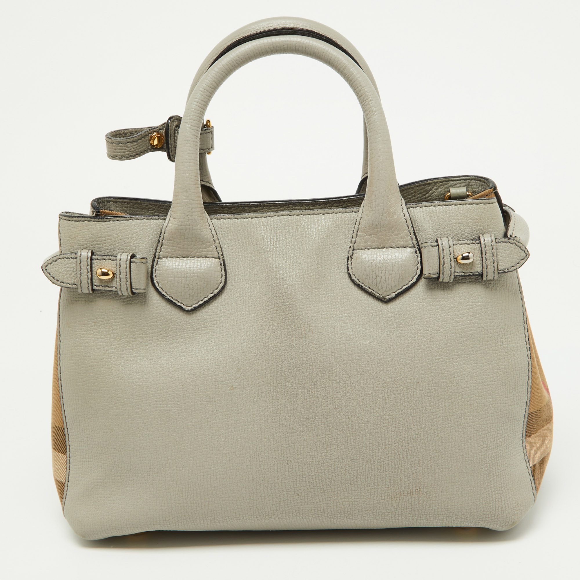 Burberry Grey/Beige Leather And House Check Fabric Small Banner Tote
