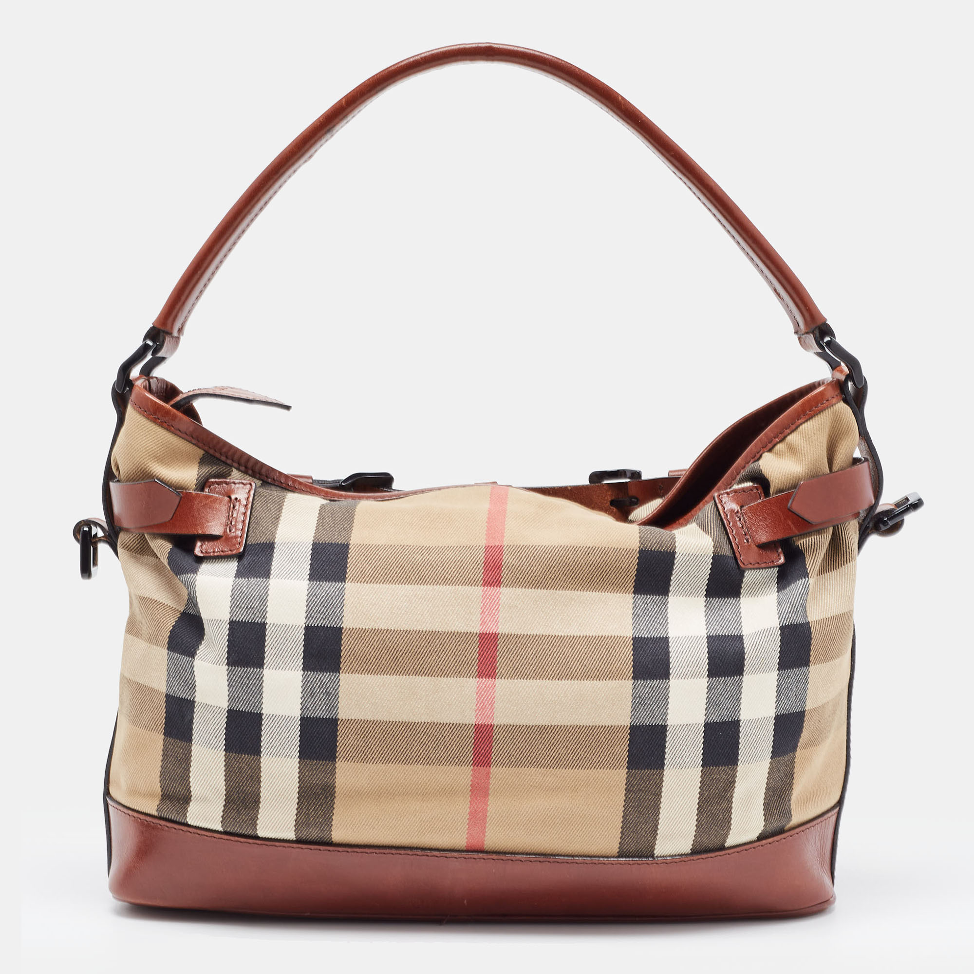 Burberry Brown/Beige House Check Canvas And Leather Front Pocket Buckle Hobo