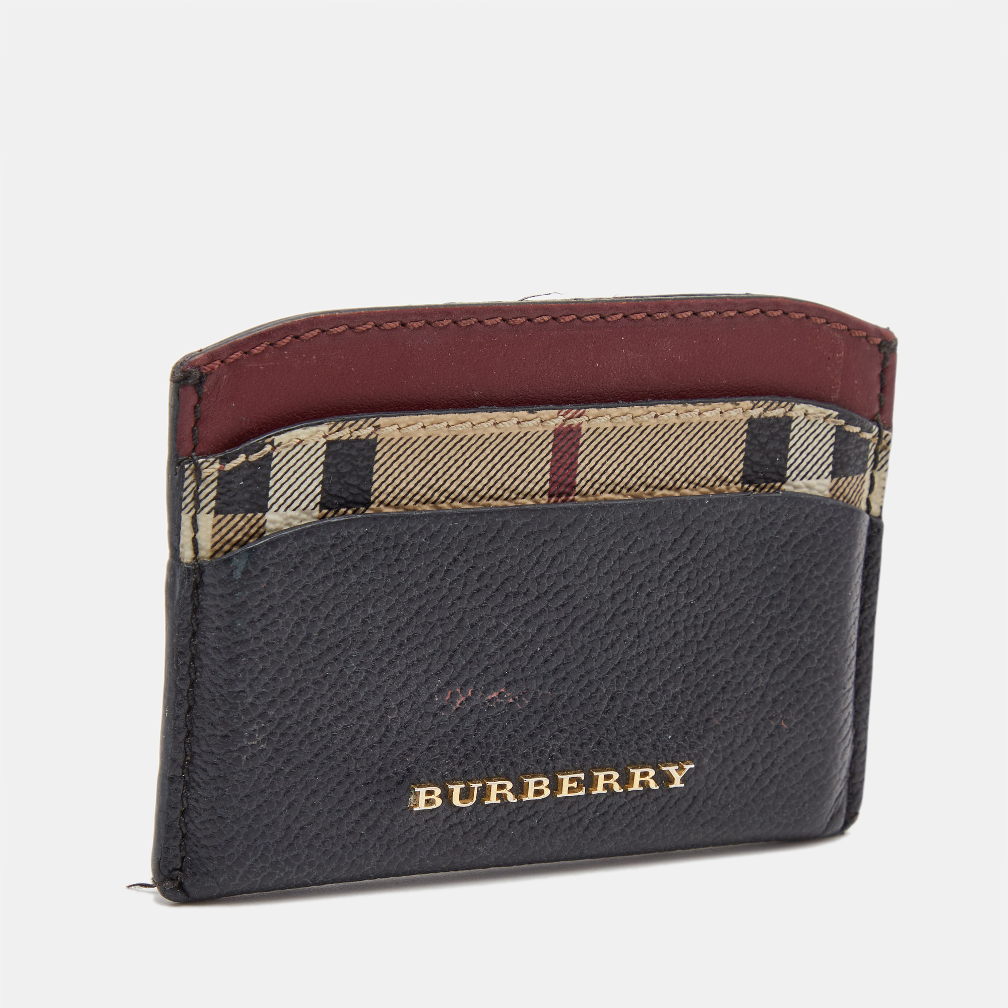 Burberry Burgundy/Black Leather And Check Canvas Izzy Card Holder