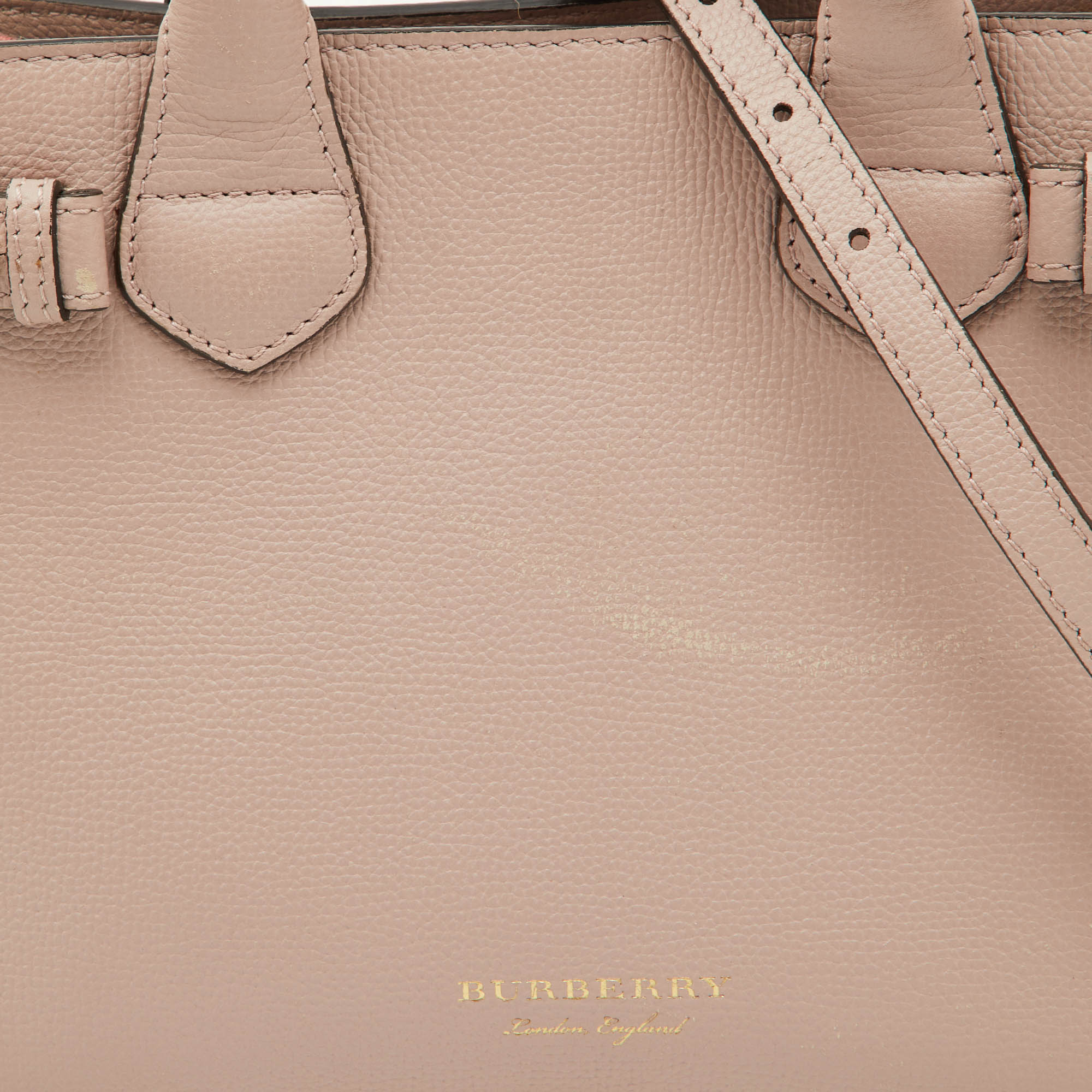 Burberry Pink/Beige Leather And House Check Fabric Small Banner Tote