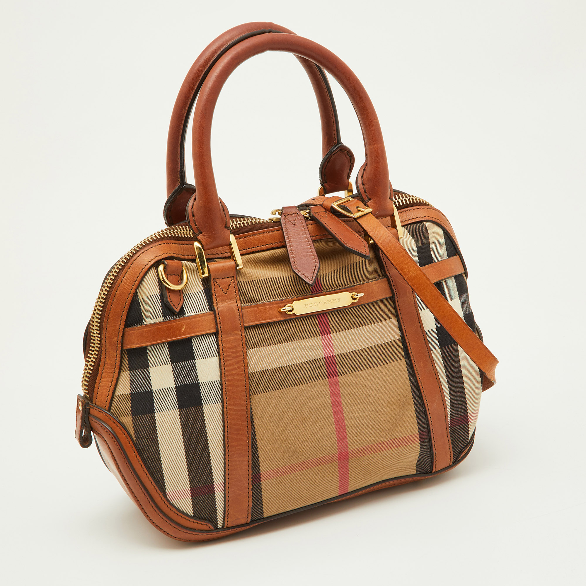Burberry Beige/Brown House Check Fabric And Leather Orchard Bowler Bag