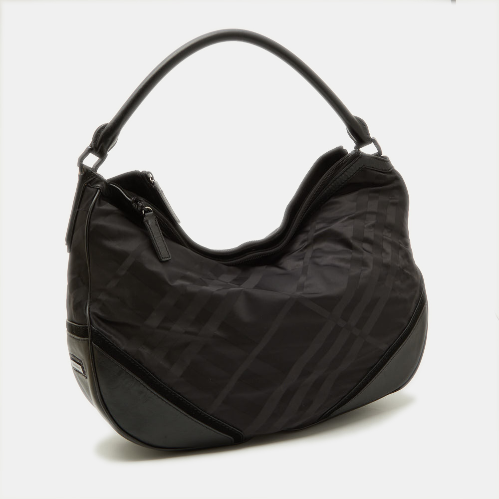 Burberry Black Beat Check Nylon And Leather Maskell Hobo