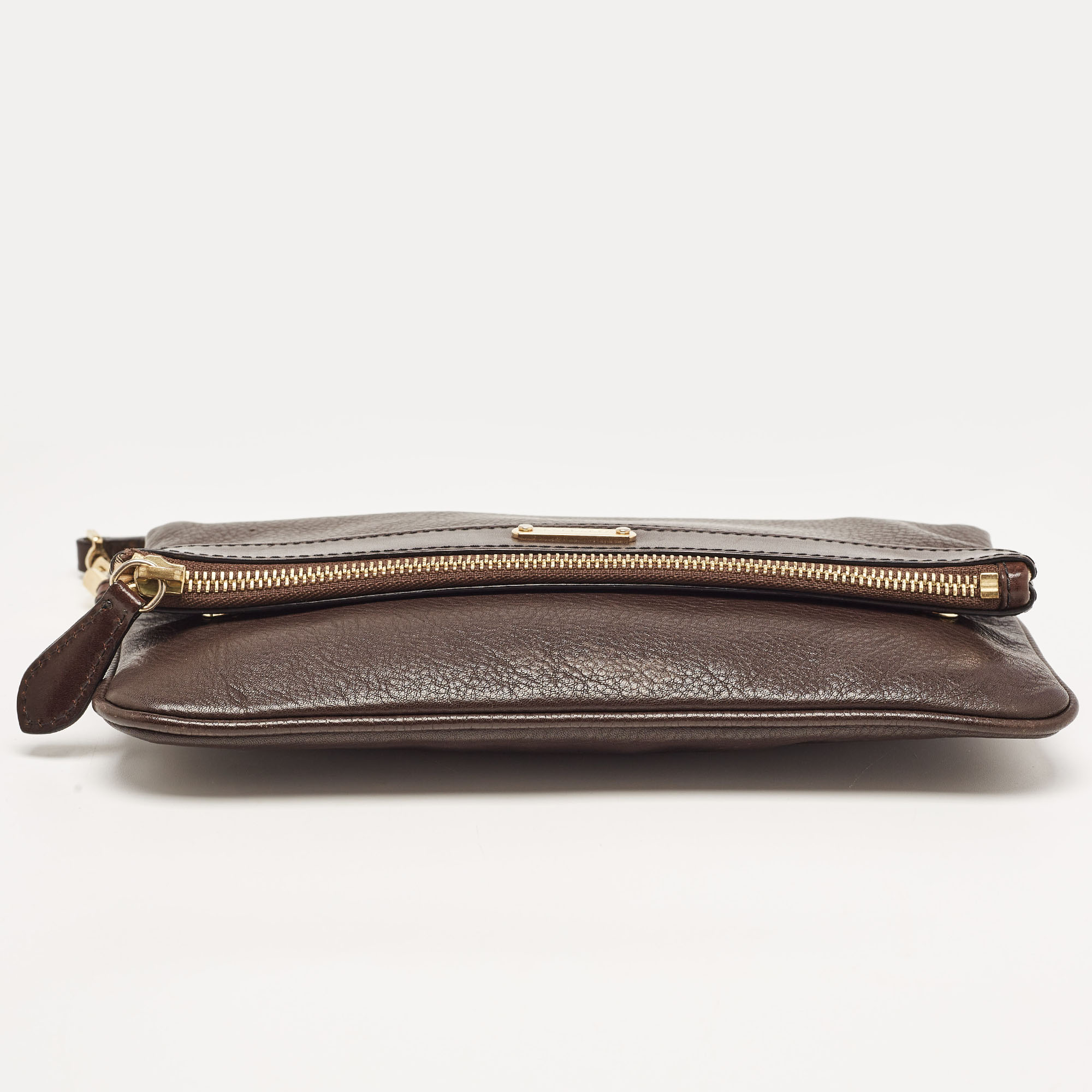 Burberry Dark Brown Leather Fold Over Zip Clutch