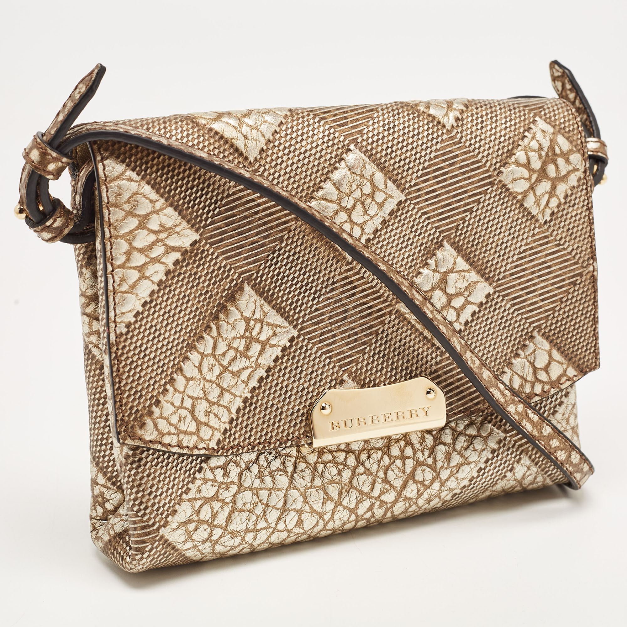 Burberry Gold Embossed Check Leather Flap Crossbody Bag