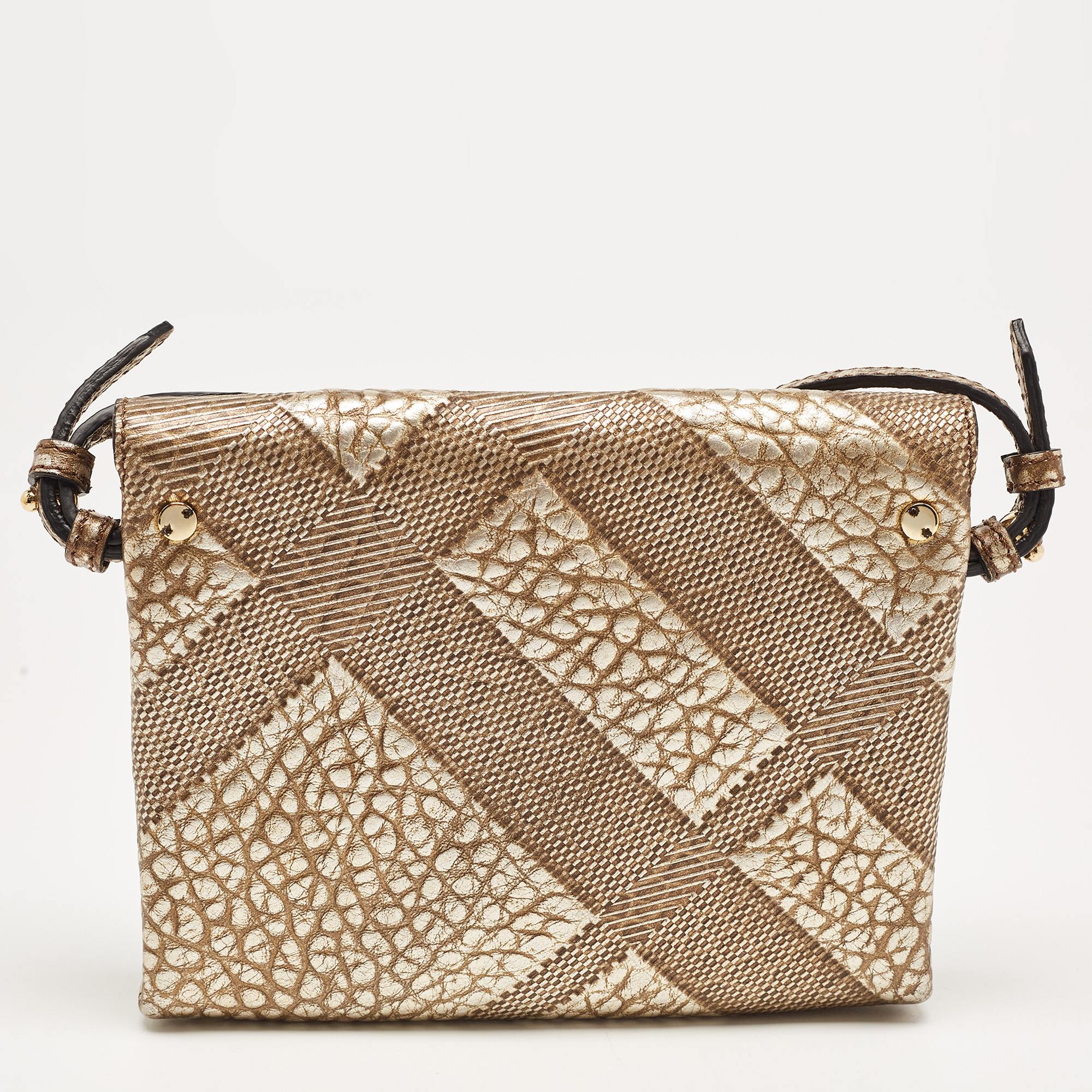 Burberry Gold Embossed Check Leather Flap Crossbody Bag