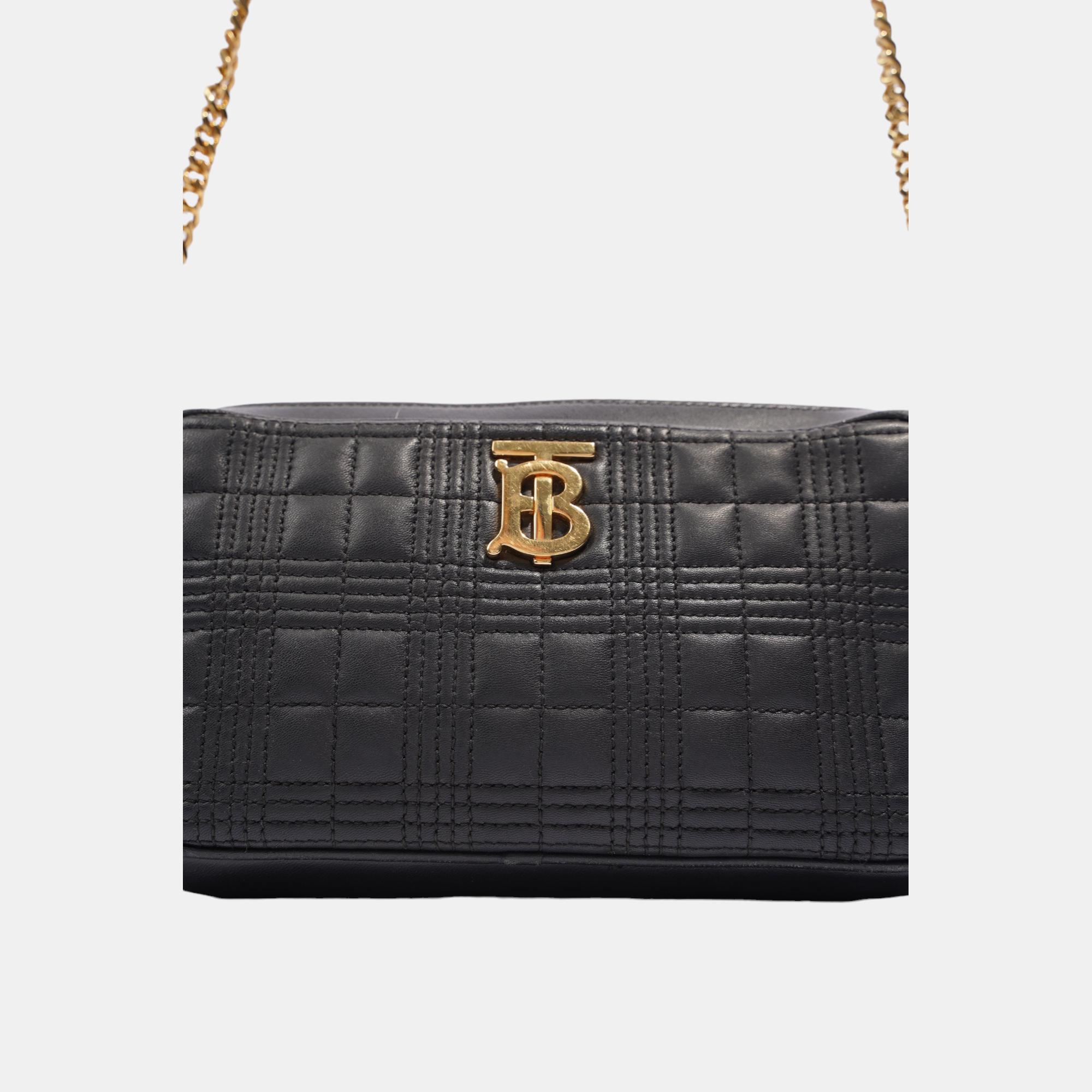 Burberry Chain Camera Quilted Bag Black Leather