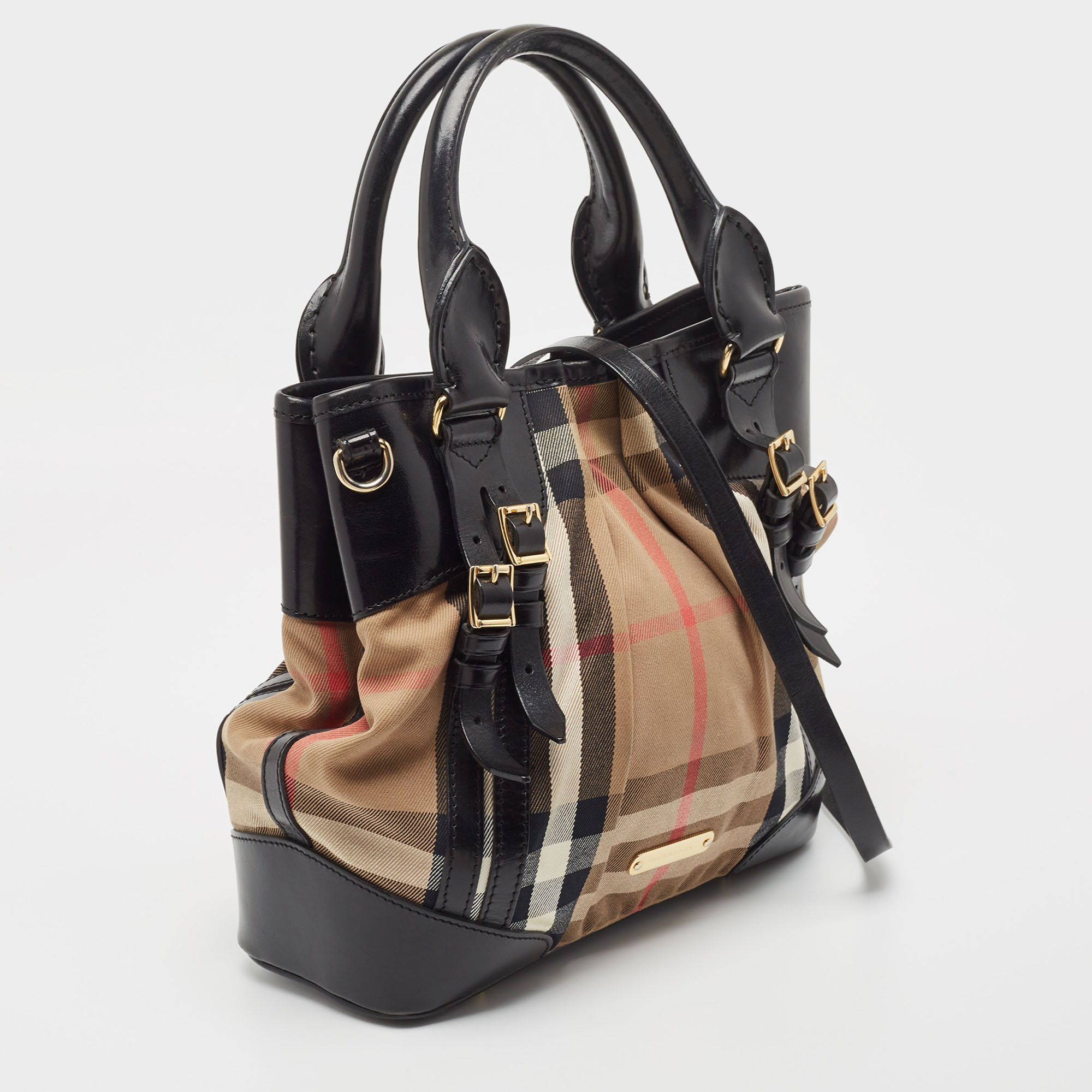 Burberry Black House Check Canvas And Leather Bridle Whipstitch Tote
