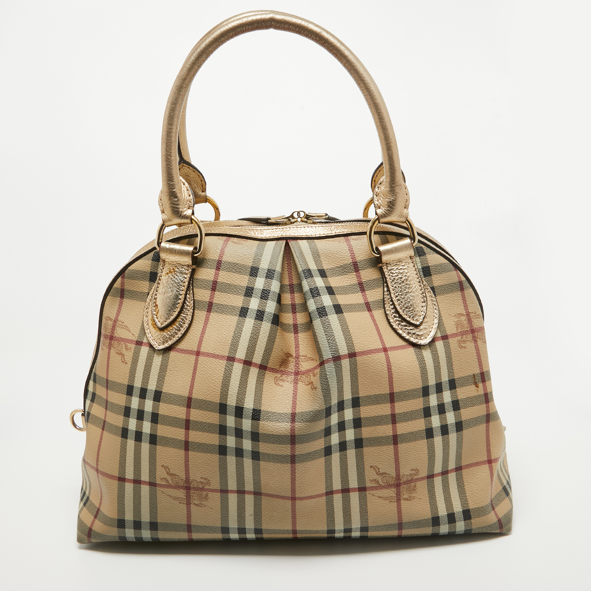 Burberry Gold/Beige Haymarket Check Coated Canvas And Leather Thornley Satchel