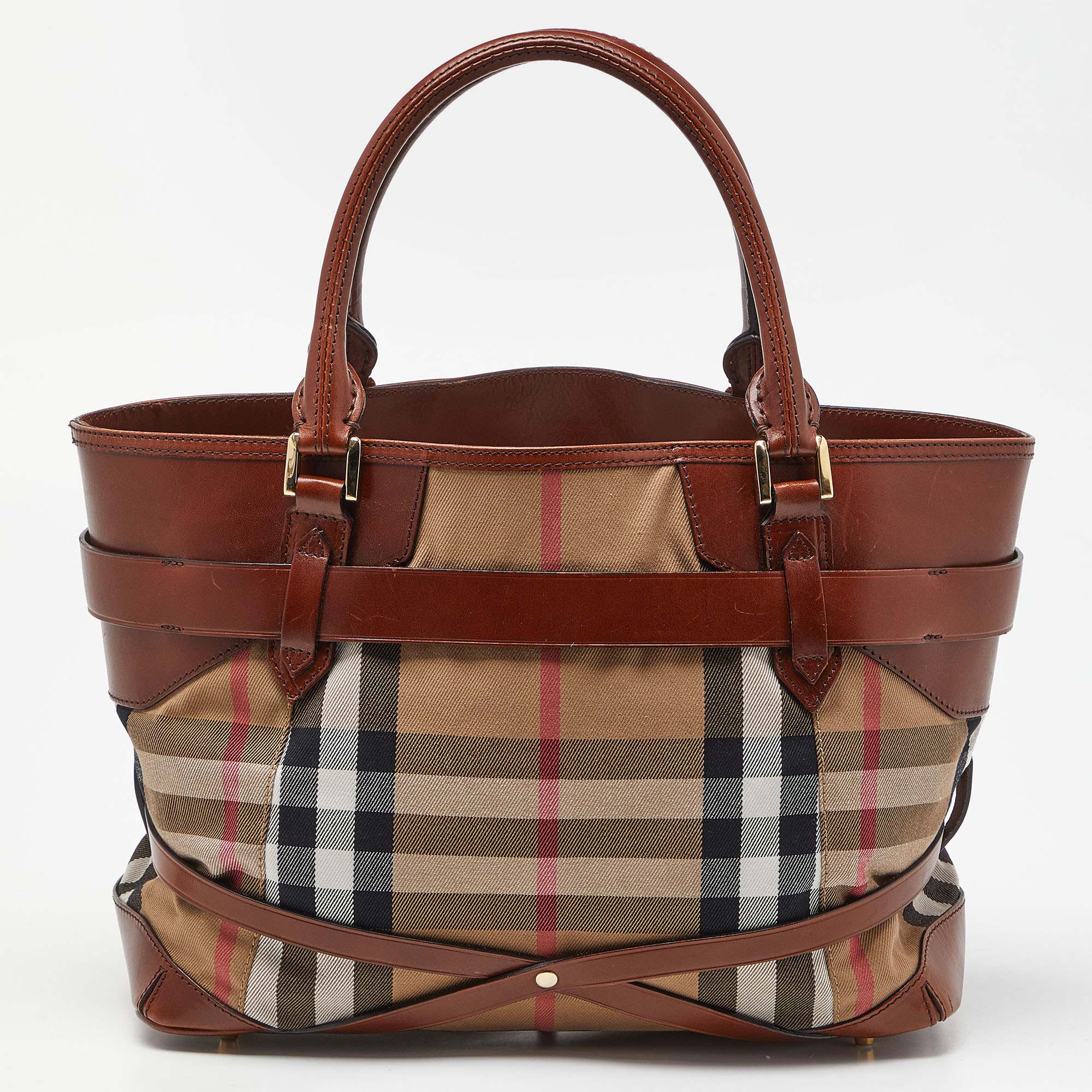 Burberry Brown House Check Fabric And Leather Medium Bridle Lynher Tote