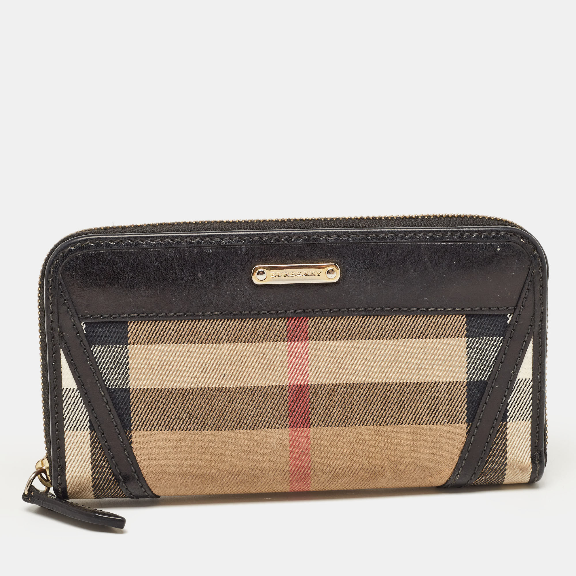 Burberry black/beige house check canvas and leather ziggy zip around wallet