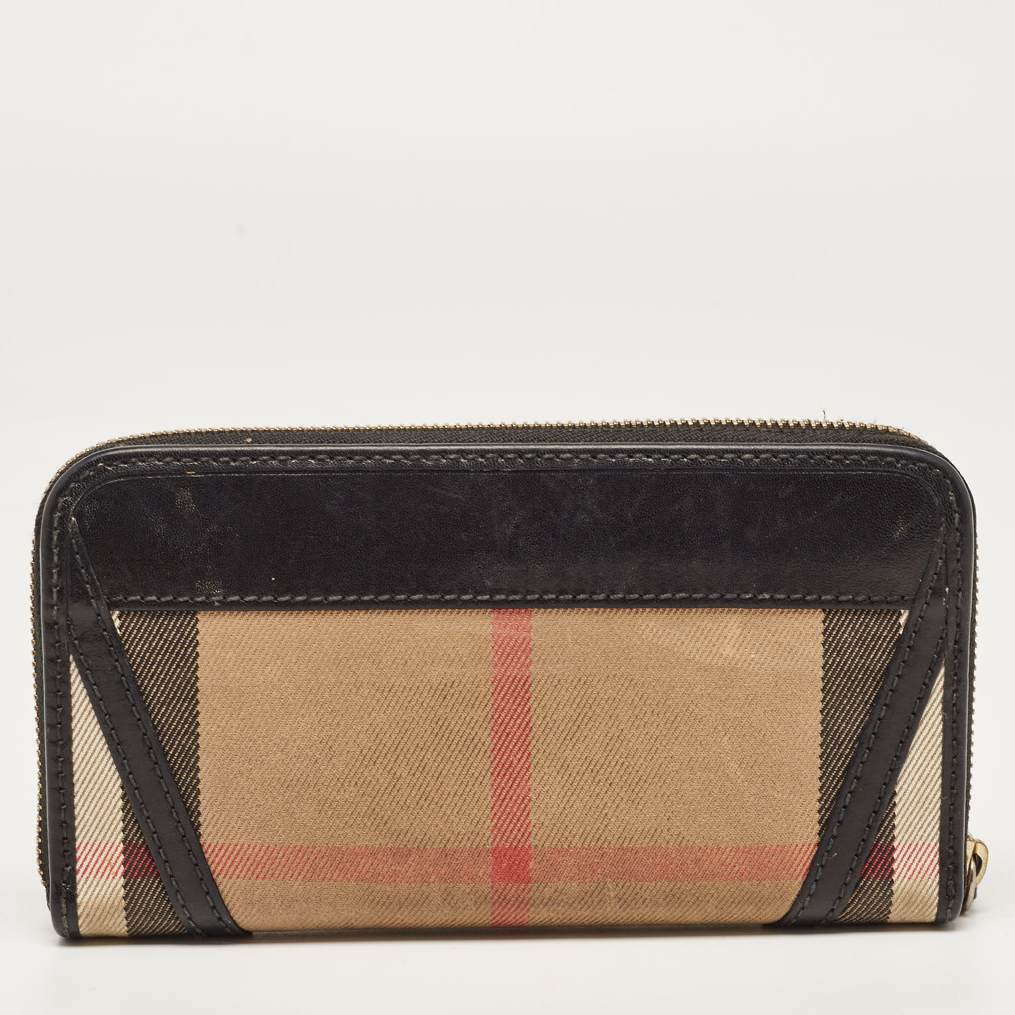 Burberry Black/Beige House Check Canvas And Leather Ziggy Zip Around Wallet