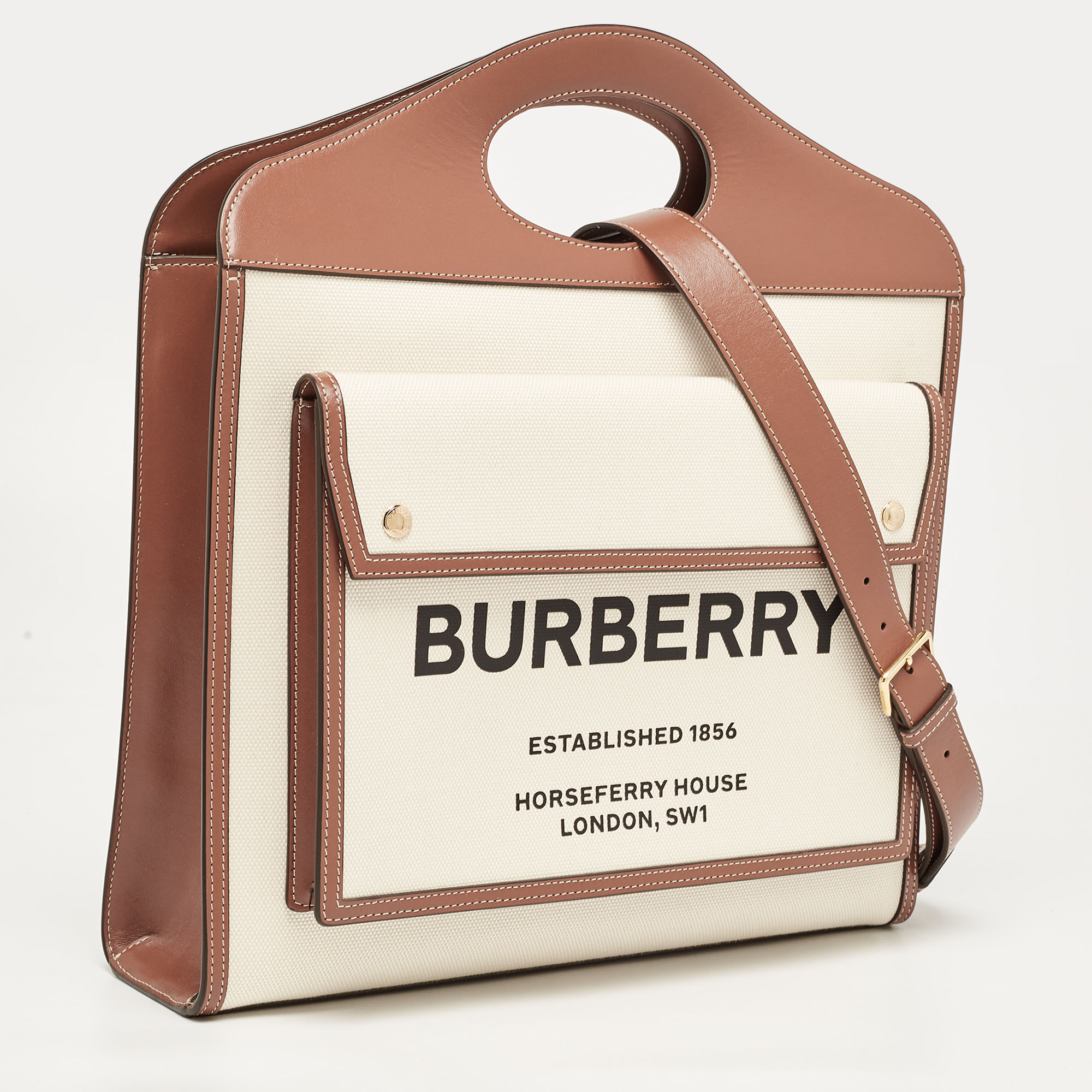 Burberry Brown/Beige Leather And Canvas Medium Pocket Bag