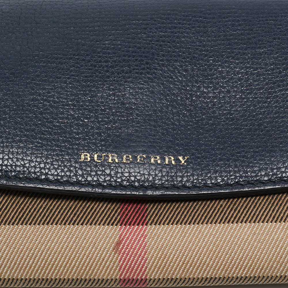 Burberry Navy Blue/Beige House Check Canvas And Leather Flap Continental Wallet