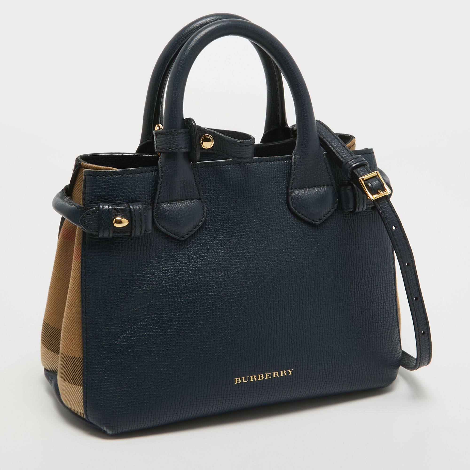 Burberry Navy Blue/Beige House Check Canvas And Leather Mini Banner Tote