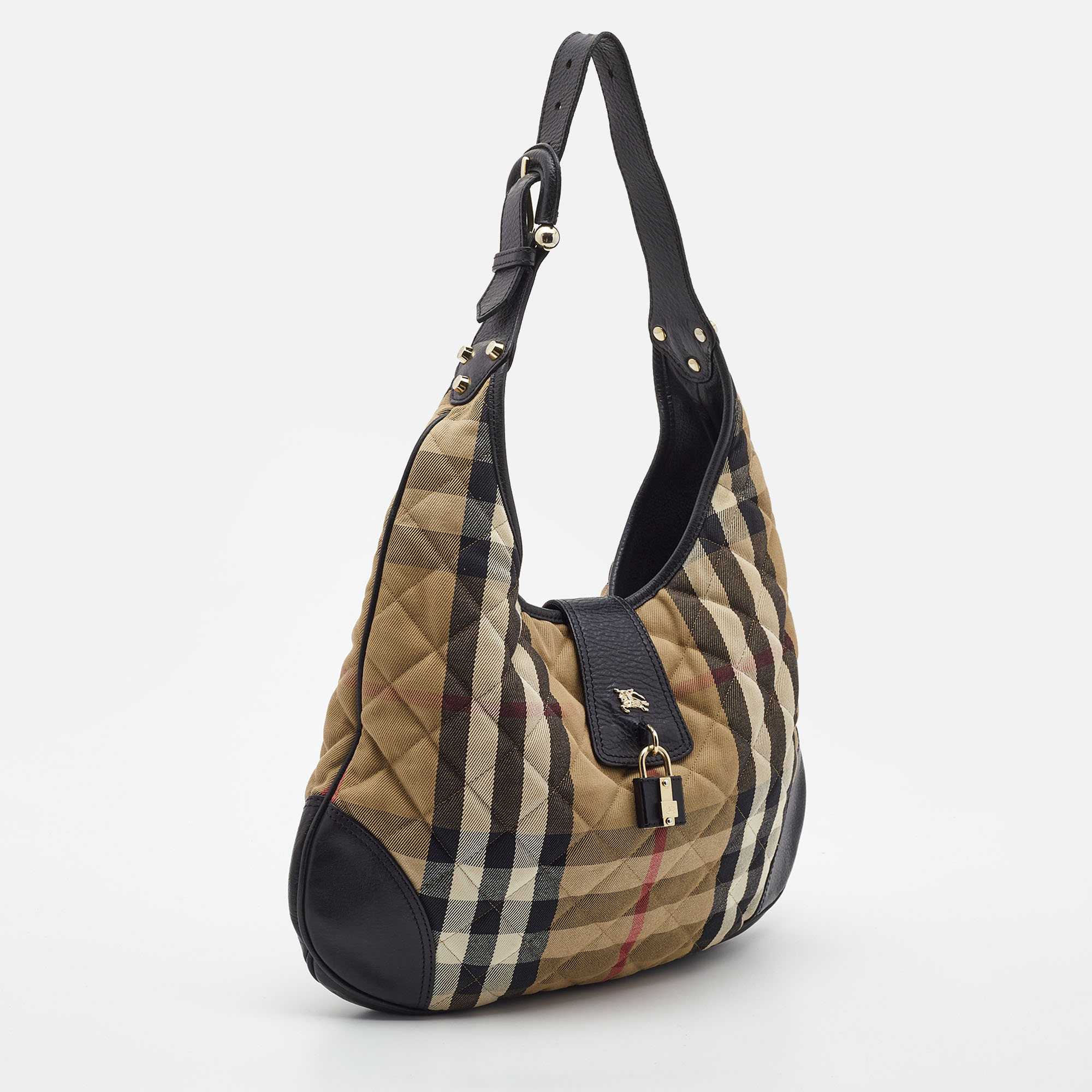 Burberry Beige/Black Quilted House Check Canvas And Leather Brooke Hobo
