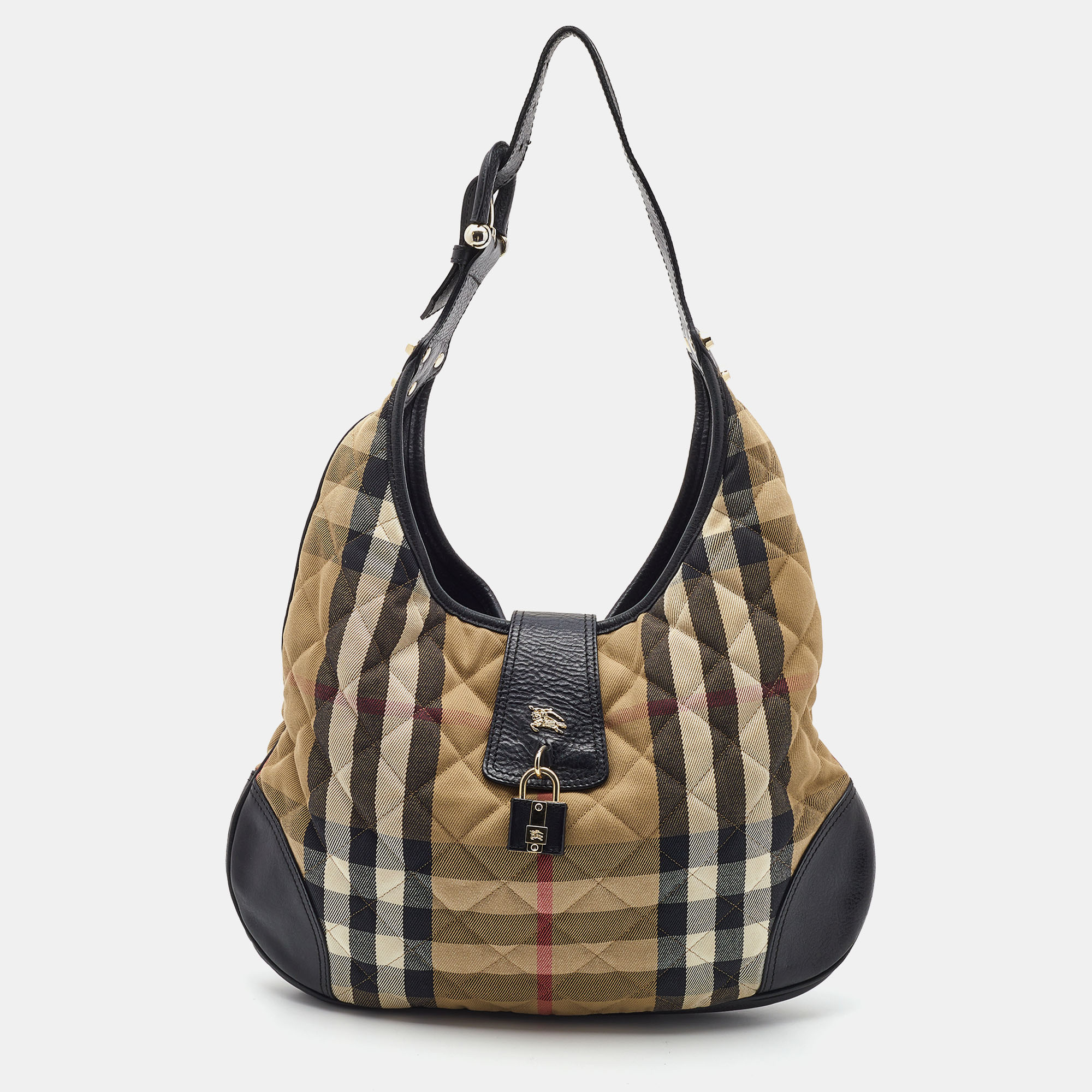 Burberry Beige/Black Quilted House Check Canvas And Leather Brooke Hobo
