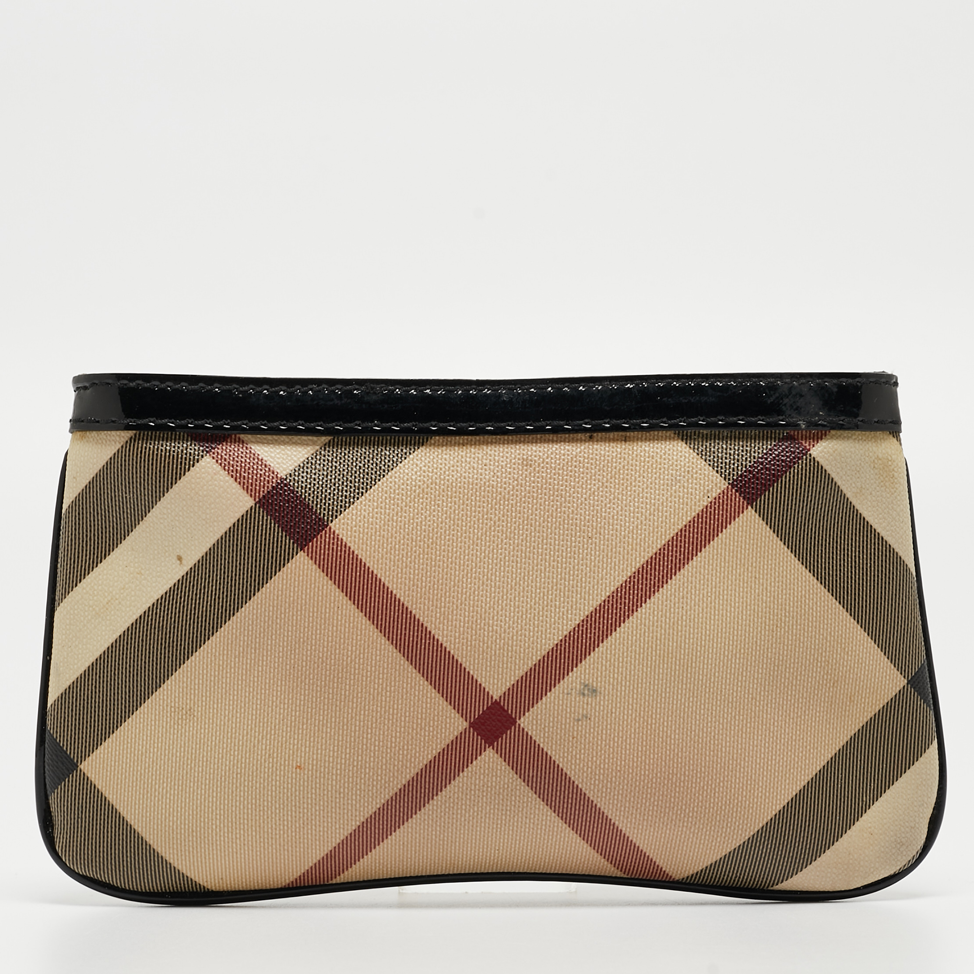 Burberry Beige/Black Nova Check Coated Canvas And Patent Leather Zip Wristlet Clutch