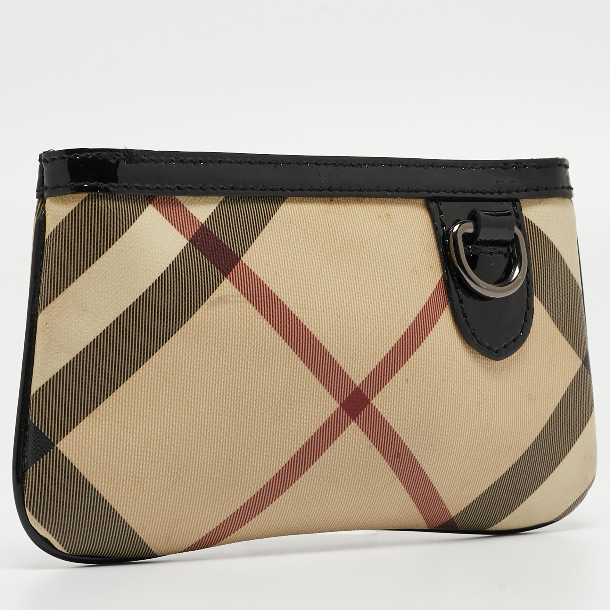 Burberry Beige/Black Nova Check Coated Canvas And Patent Leather Zip Wristlet Clutch