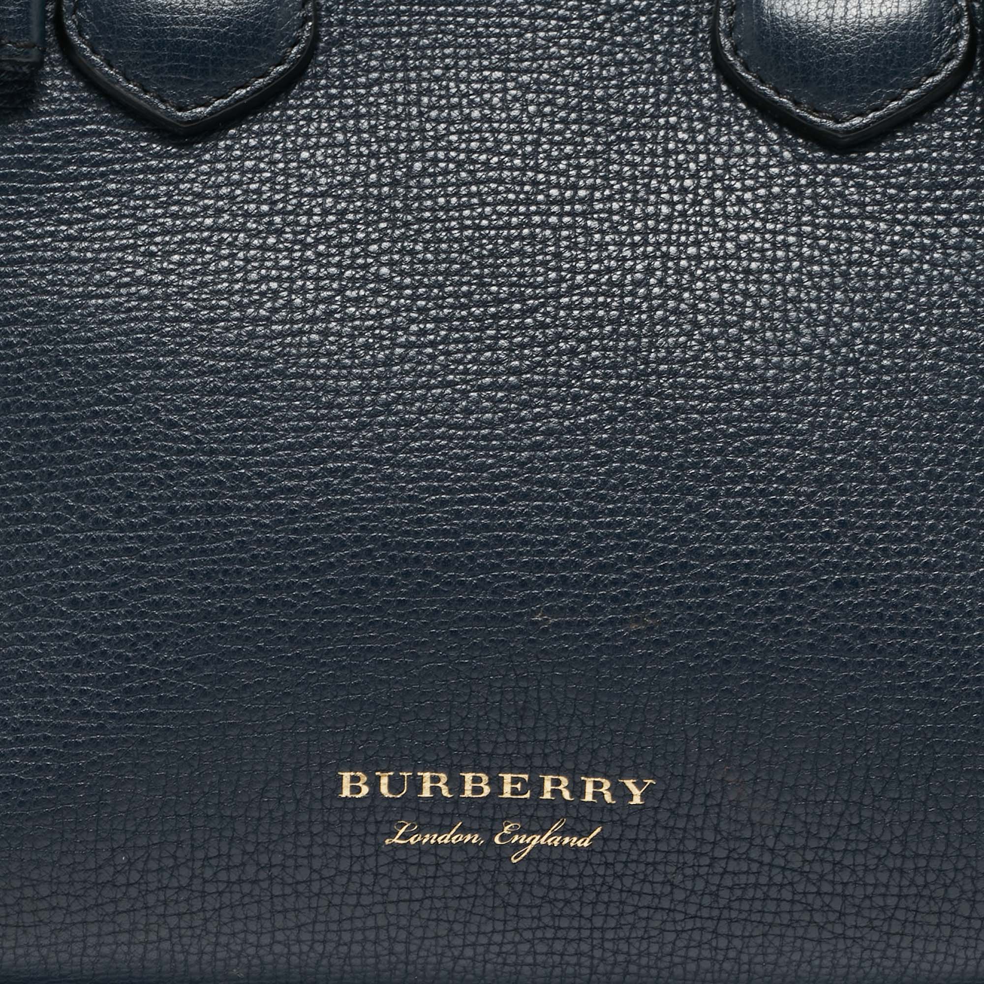 Burberry Navy Blue/Beige Leather And House Check Fabric Mini Banner Tote