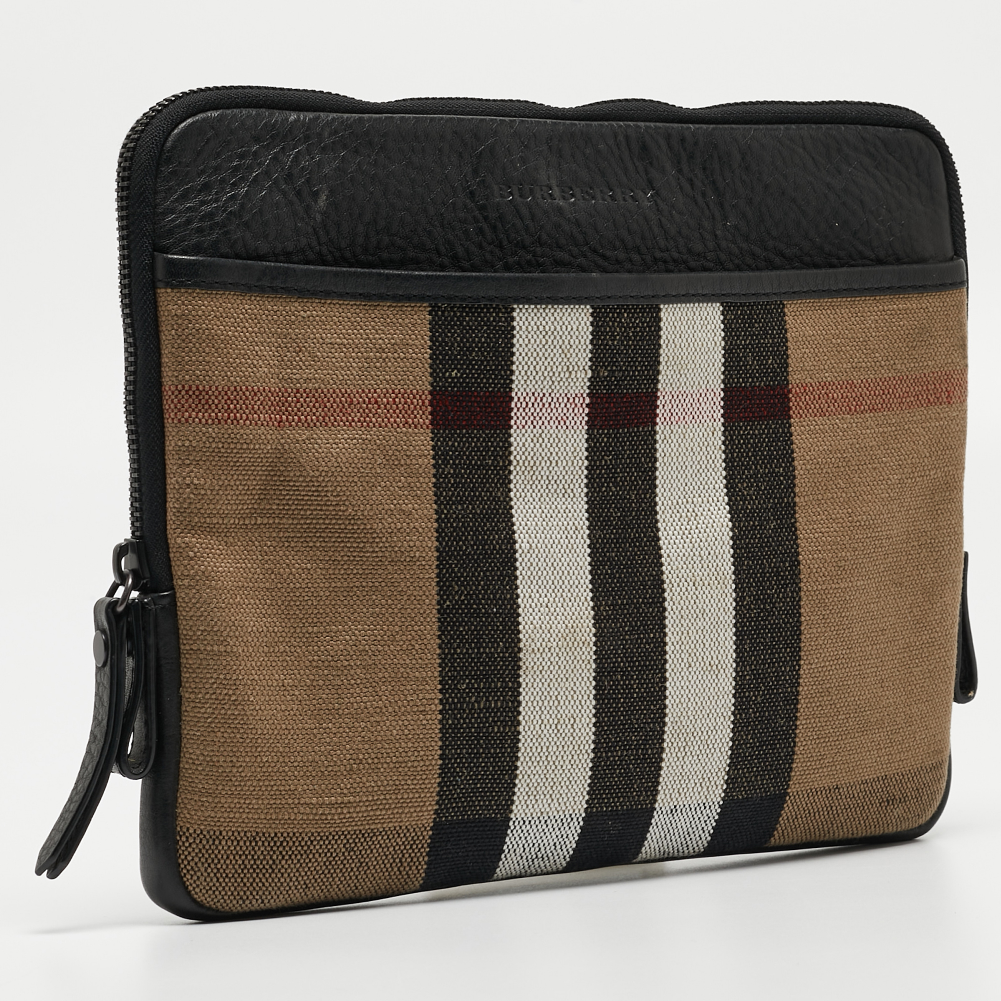 Burberry Beige/Black Exploded Check Canvas And Leather Zip Pouch
