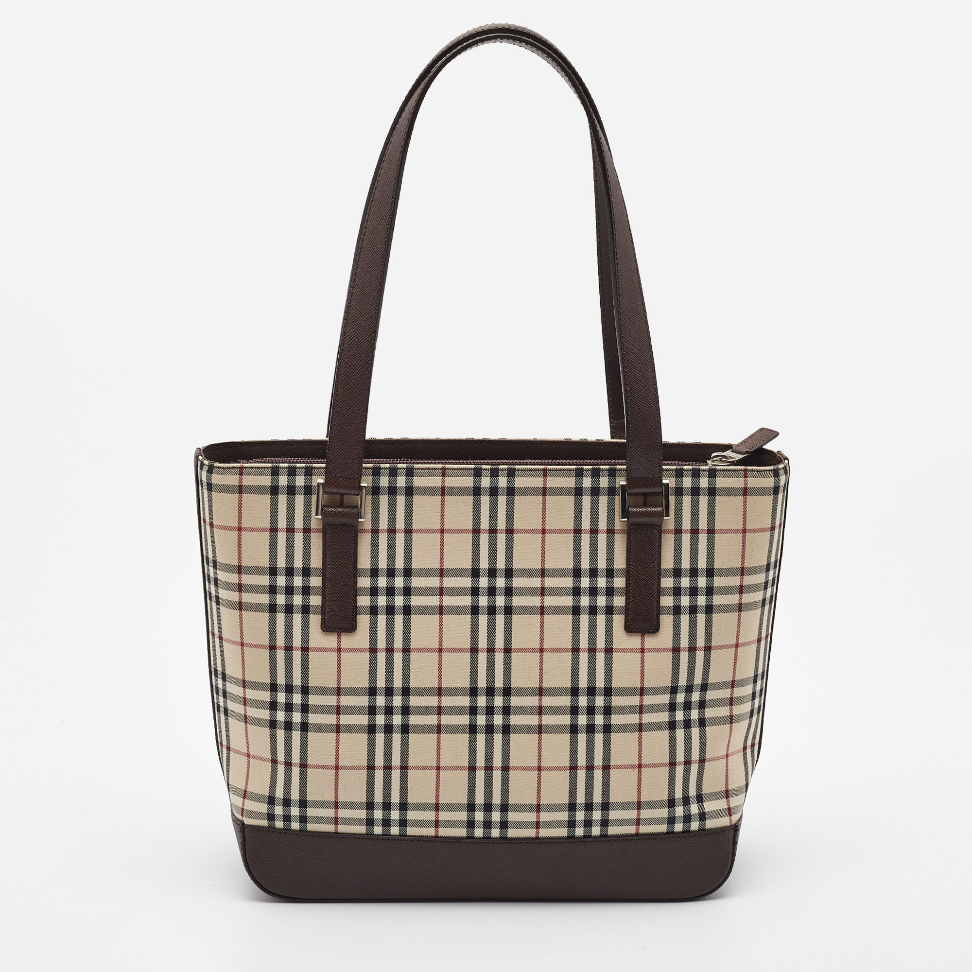 Burberry Beige/Brown Vintage Check Fabric And Leather Rectangle Tote