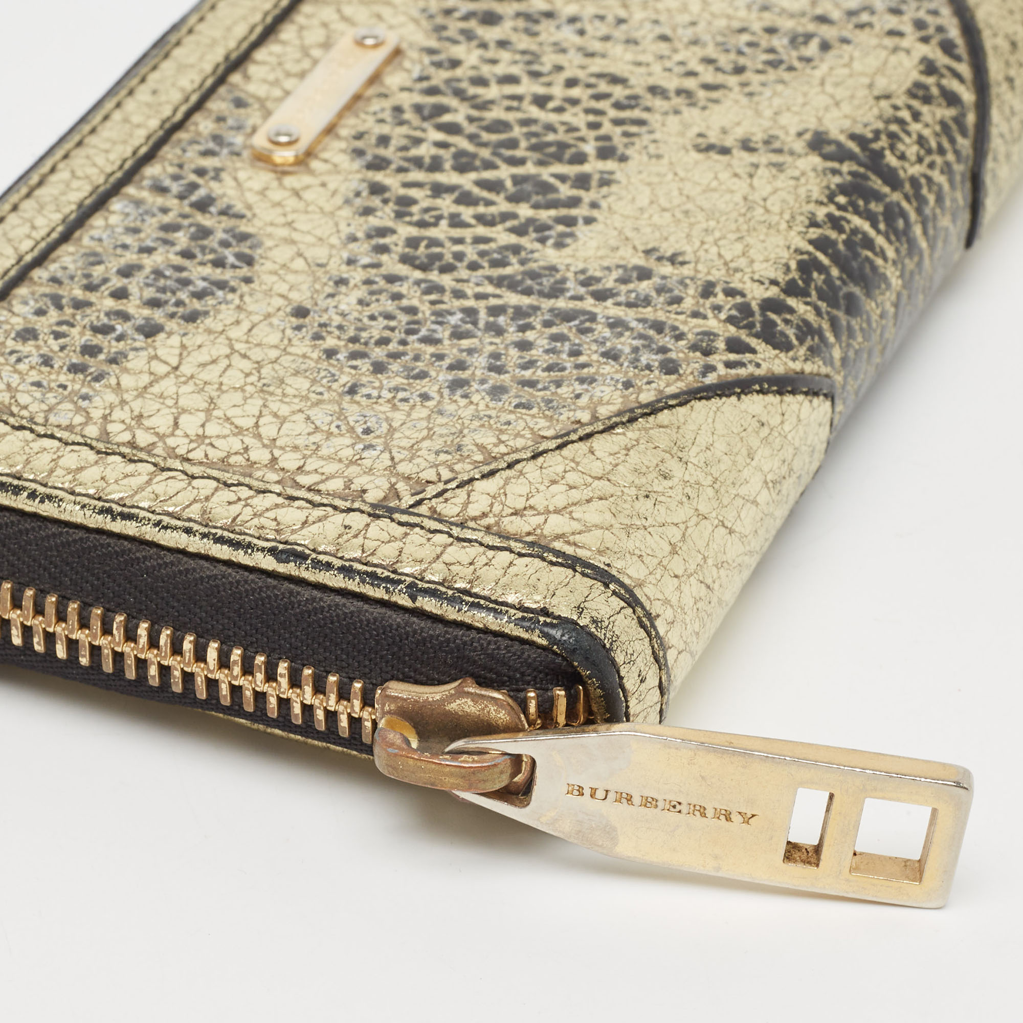 Burberry Gold/Black Textured Leather Zip Around Continental Wallet