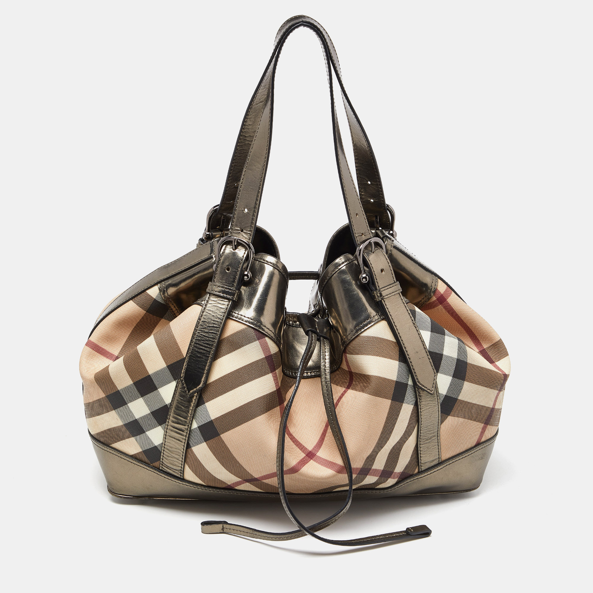 Burberry metallic/beige nova check coated canvas and patent leather beaton drawstring bag